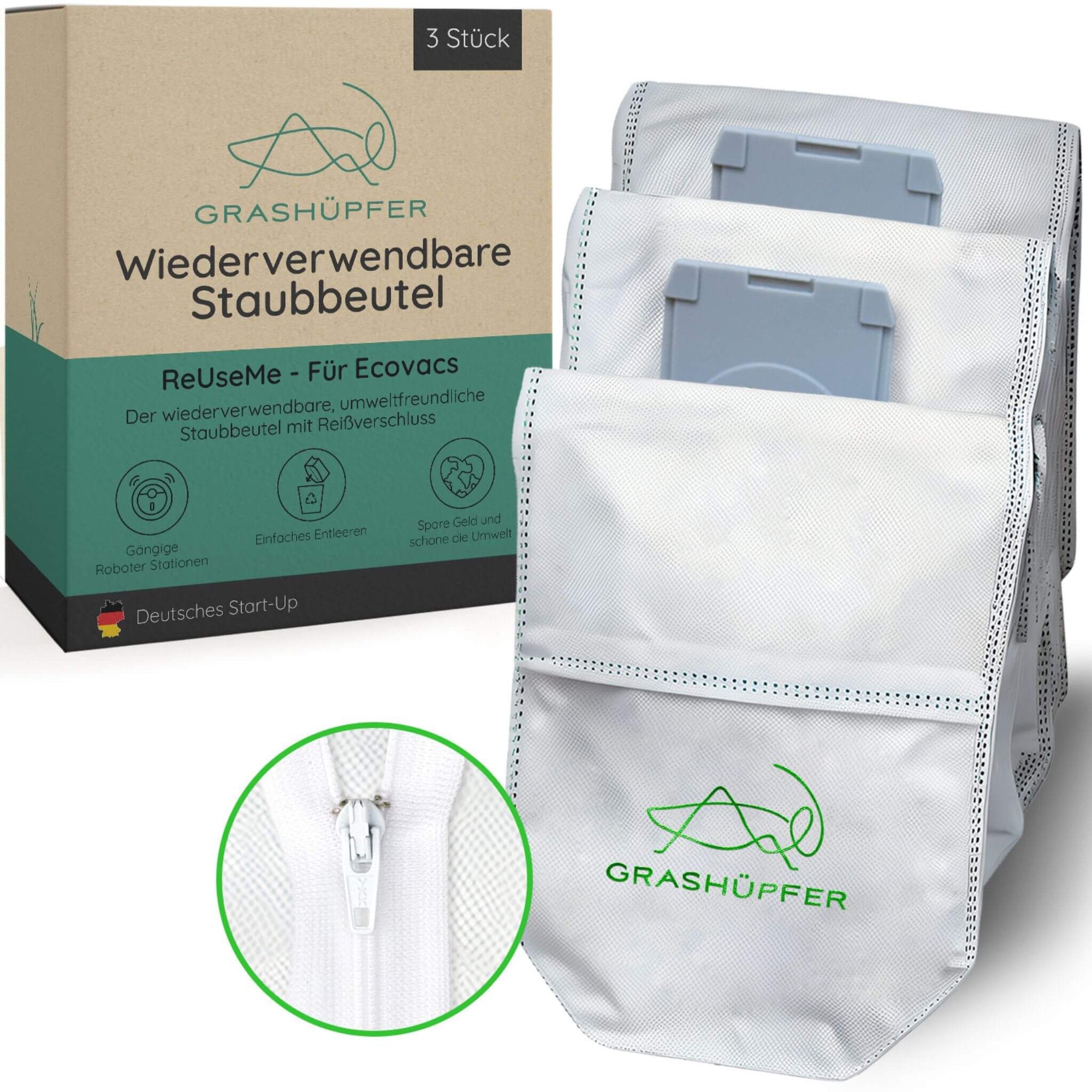 Grashüpfer ReUseMe Staubbeutel für ECOVACS DEEBOT Saug-Wisch-Roboter (wiederverwendbar) sind abgebildet und man sieht die Verpackung und die 3 Beutel samt praktischen Reißverschluss.