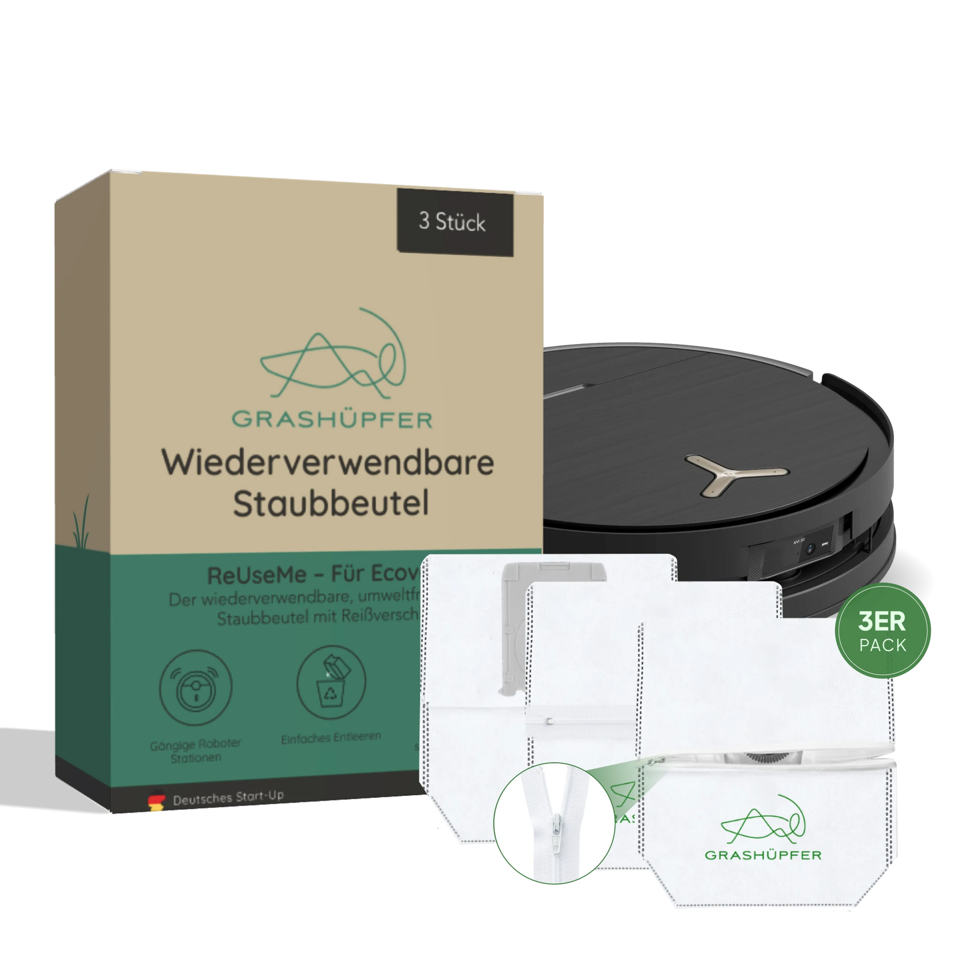 Grashüpfer wiederverwendbare Staubbeutel im 3er-Pack für Ecovacs Deebot OMNI Absaugstationen – umweltfreundlich, mit Reißverschluss und passgenauer Kompatibilität.