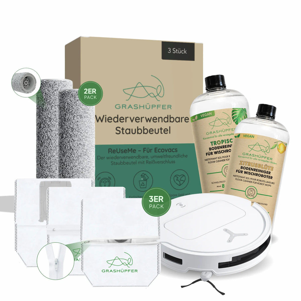 ECOVACS Sorglospaket von Grashüpfer mit Bodenreinigern für Wischroboter, ReUseMe-Staubbeuteln, Wischwalzen und Saugroboter als umfangreiches Zubehörpaket.