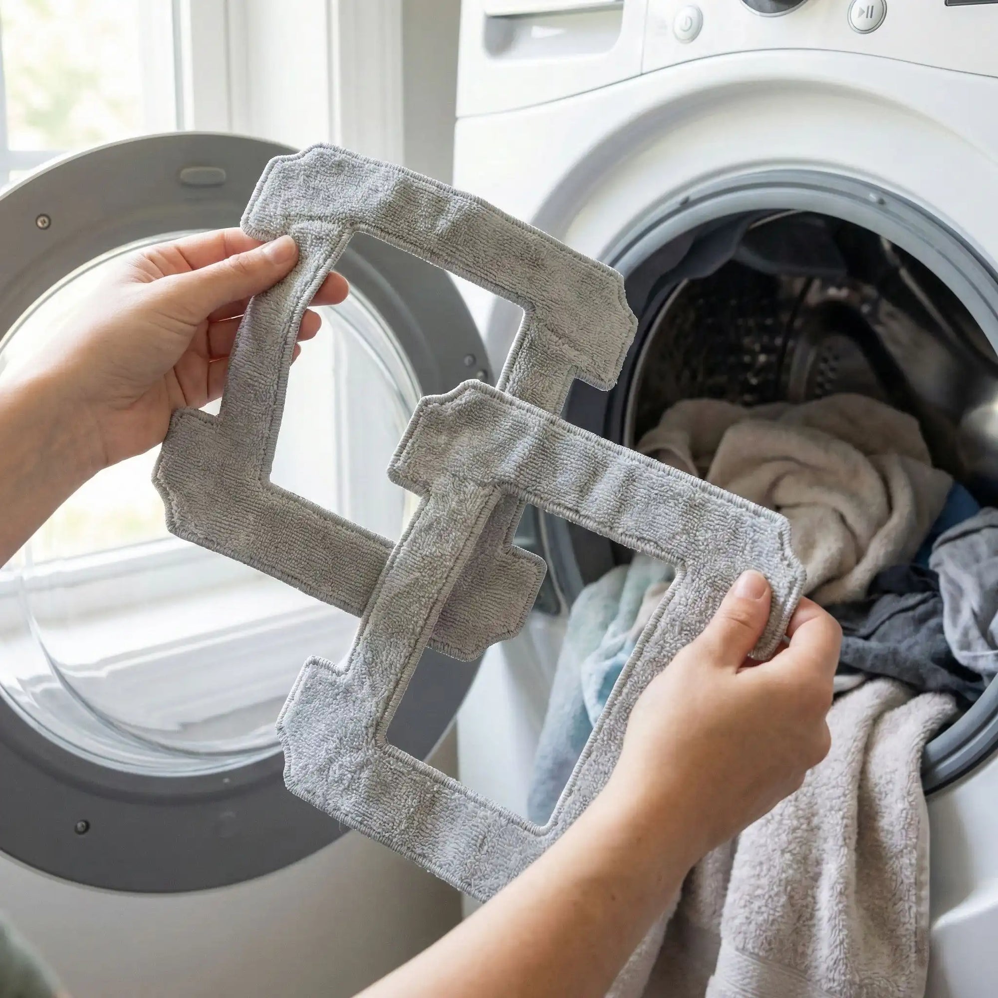 ECOVACS WINBOT Reinigungstücher sind waschbar und werden vor eine Waschmaschine mit Klamotten gehalten.