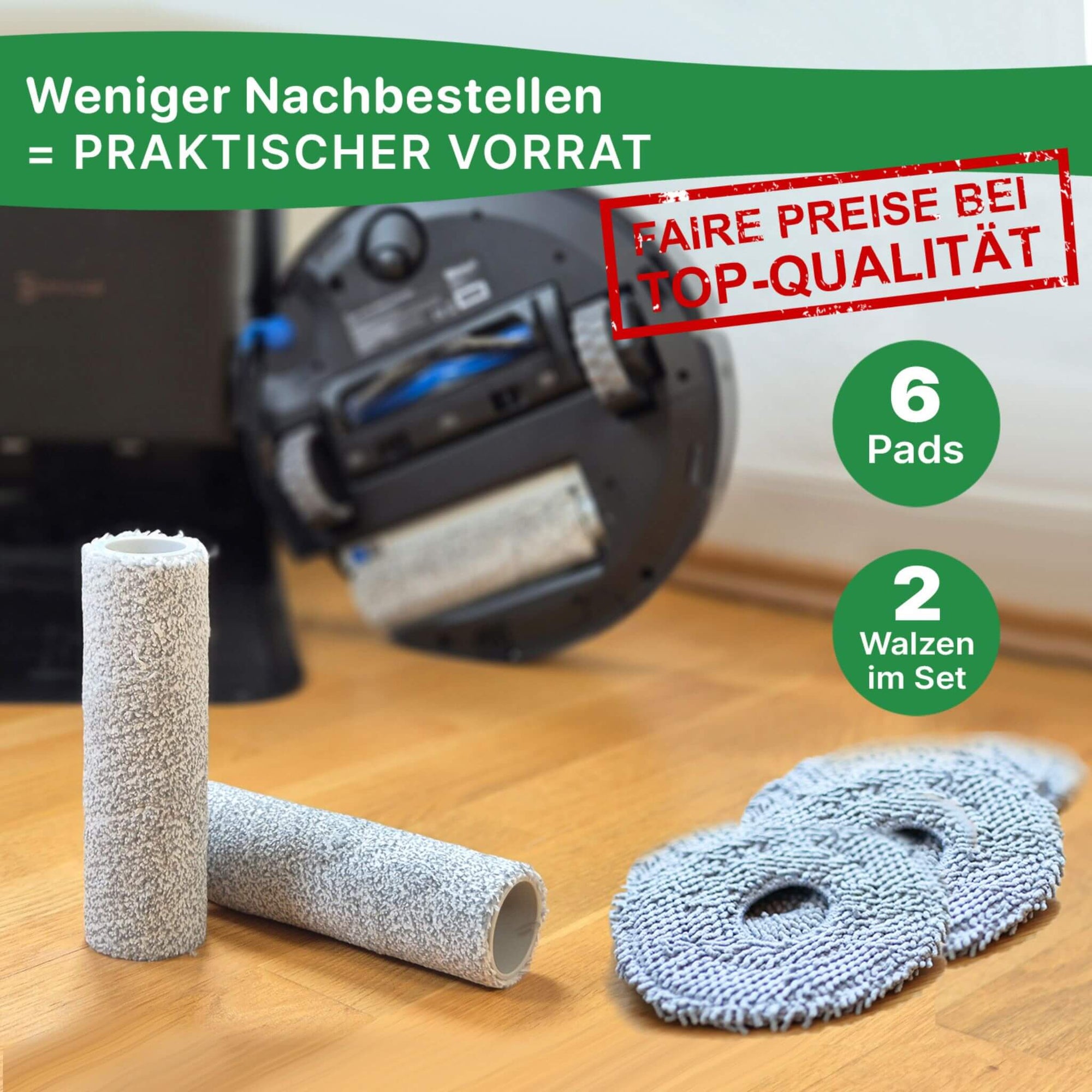Set aus 6 Mikrofaser-Wischpads und 2 Wischwalzen für Grashüpfer ECOVACS Deebot, auf Holzfußboden mit Roboter im Hintergrund.