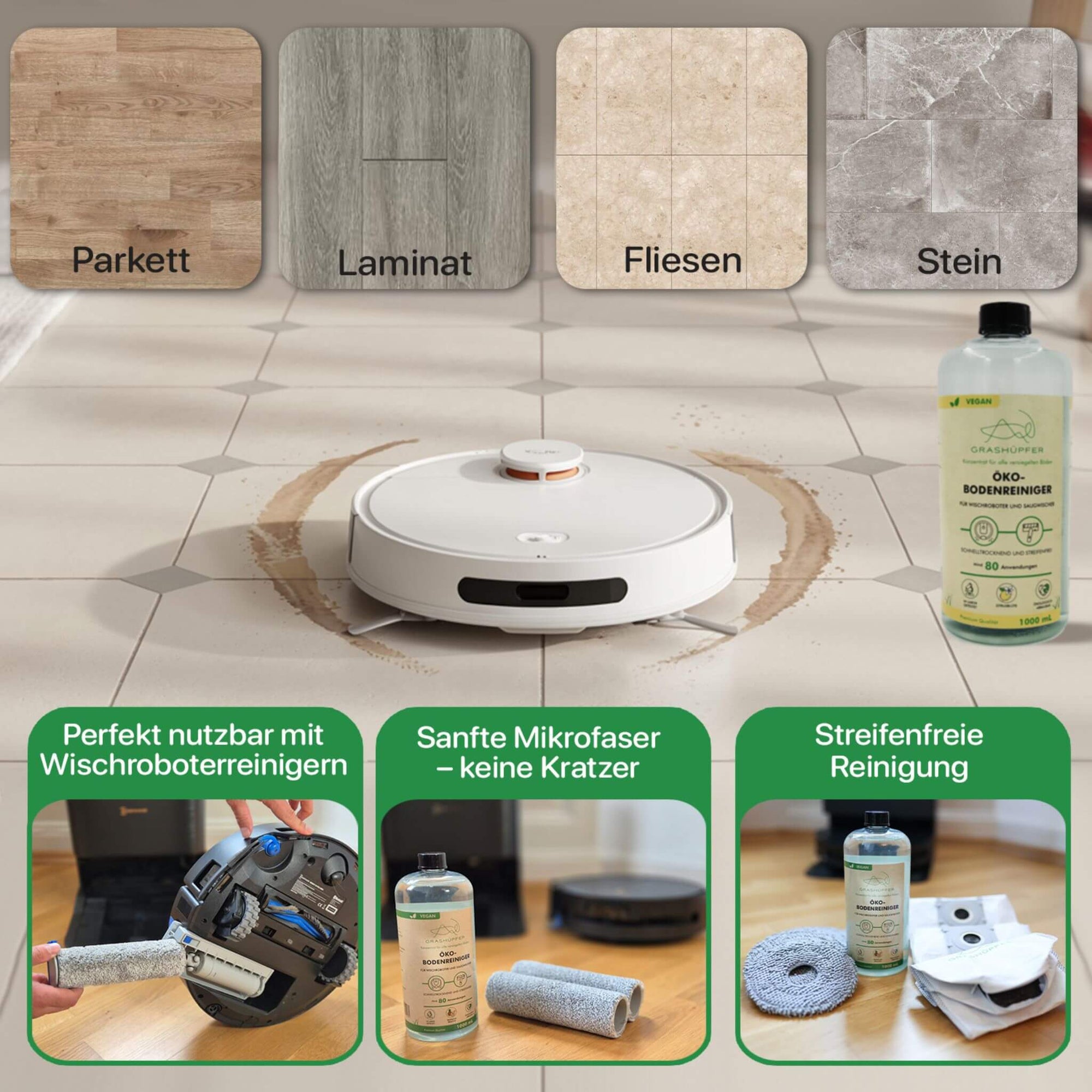 Grashüpfer ECOVACS Deebot Wischpads und Wischwalzen für alle Böden wie Parkett, Laminat, Fliesen und Stein geeignet, sanfte Mikrofaser ohne Kratzer, streifenfreie Reinigung, kompatibel mit Grashüpfer Öko-Bodenreiniger.