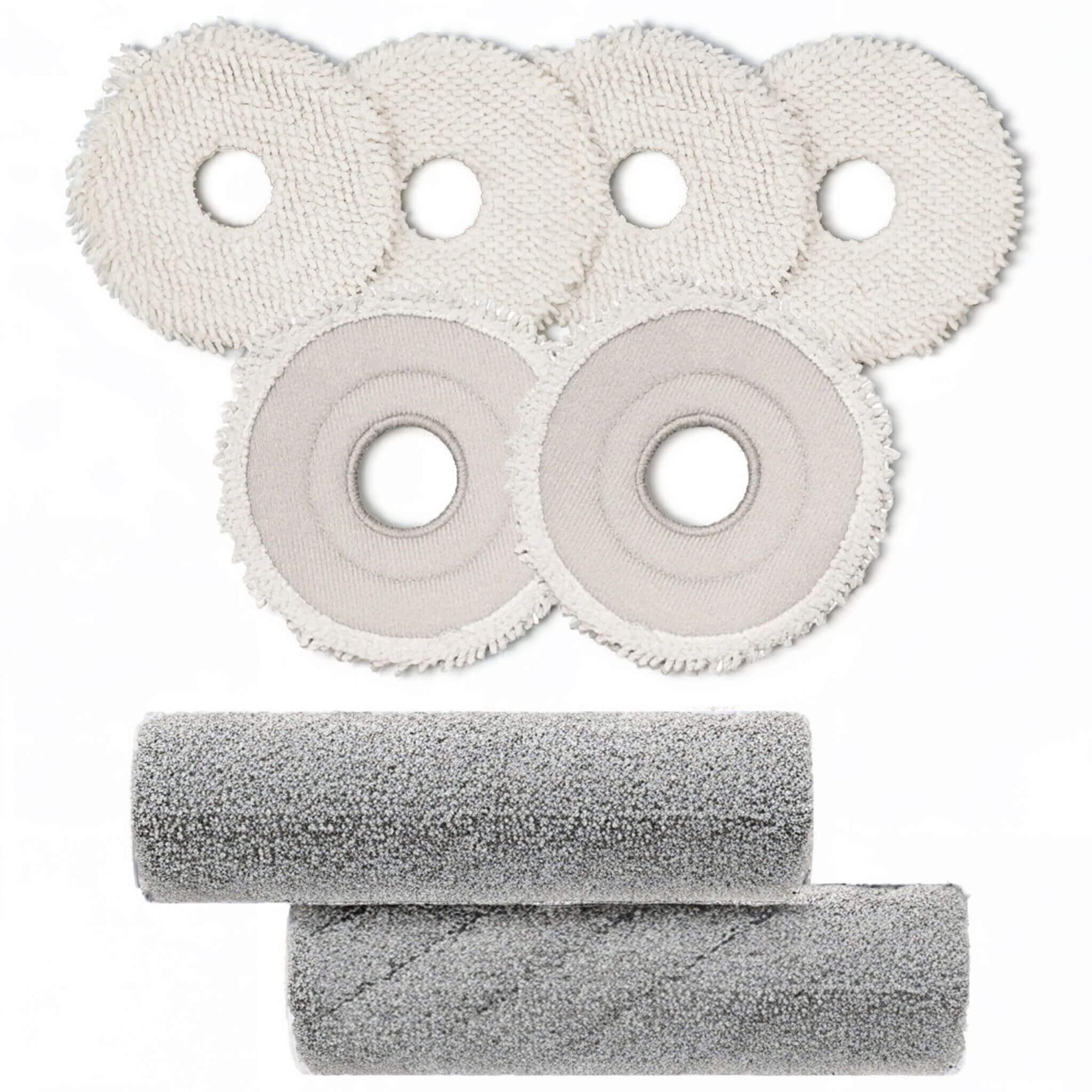 Grashüpfer ECOVACS Deebot Set mit 6 Wischpads oder 2 Wischwalzen für Modelle X9, X8, oder Wischpads für Modelle T50, T30 auf weißem Hintergrund.