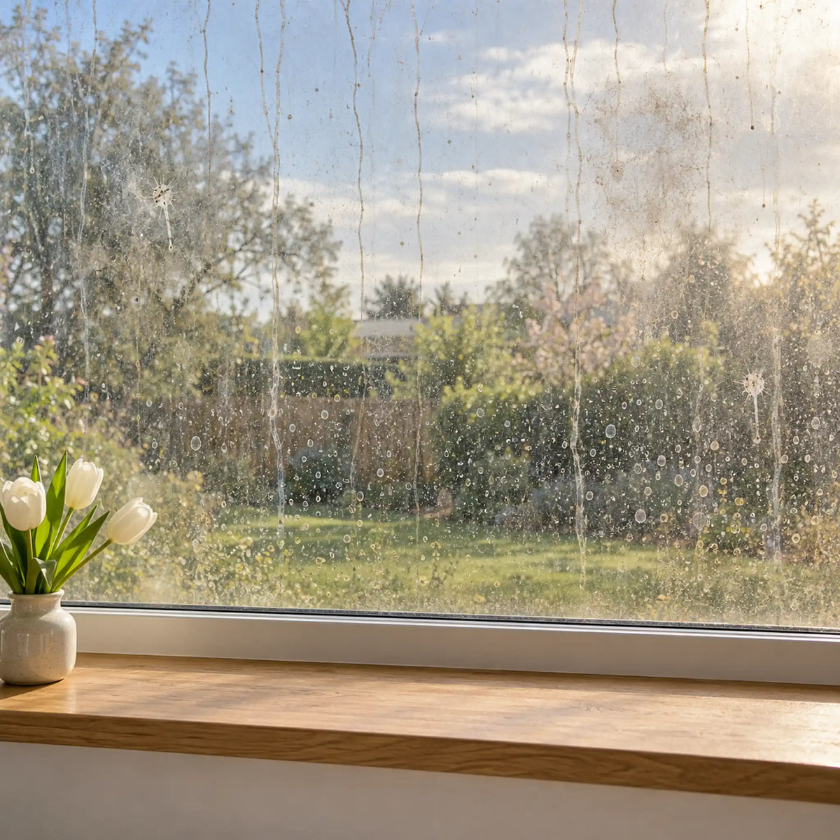 Verschmutzte Fensterscheibe mit Wasserflecken und herablaufenden Schmutzspuren, dahinter ein Garten.