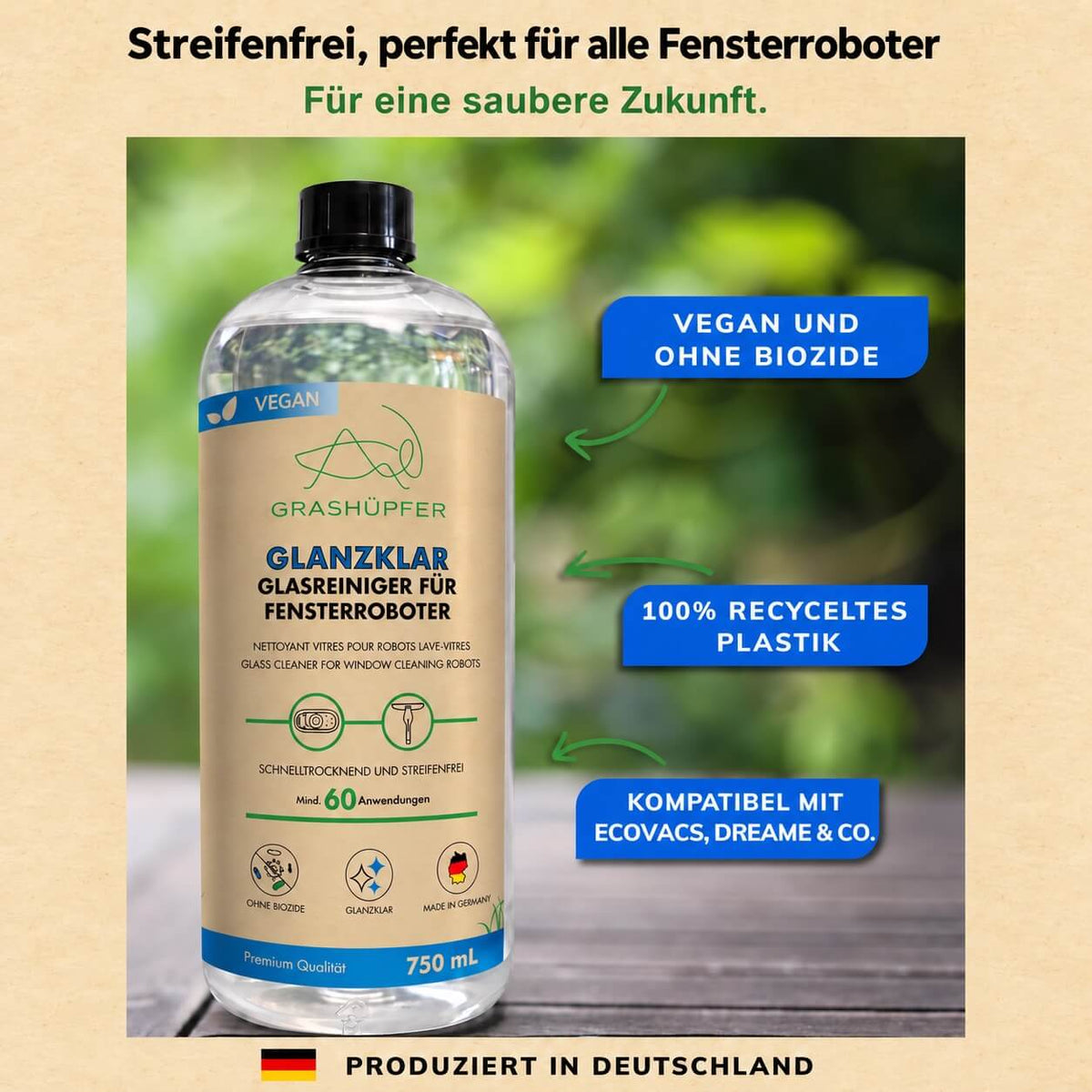 Grashüpfer Glanzklar Glasreiniger für Fensterroboter mit Hinweisen auf streifenfreie Reinigung, vegane Rezeptur, Verzicht auf Biozide und Kompatibilität mit gängigen Fensterrobotern.