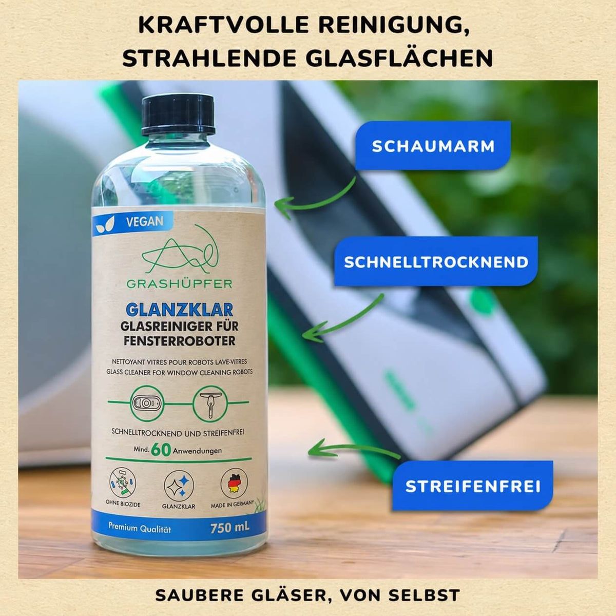 Produktgrafik zum GRASHÜPFER Glanzklar Glasreiniger für Fensterroboter mit den Hinweisen „schaumarm“, „schnelltrocknend“ und „streifenfrei“.
