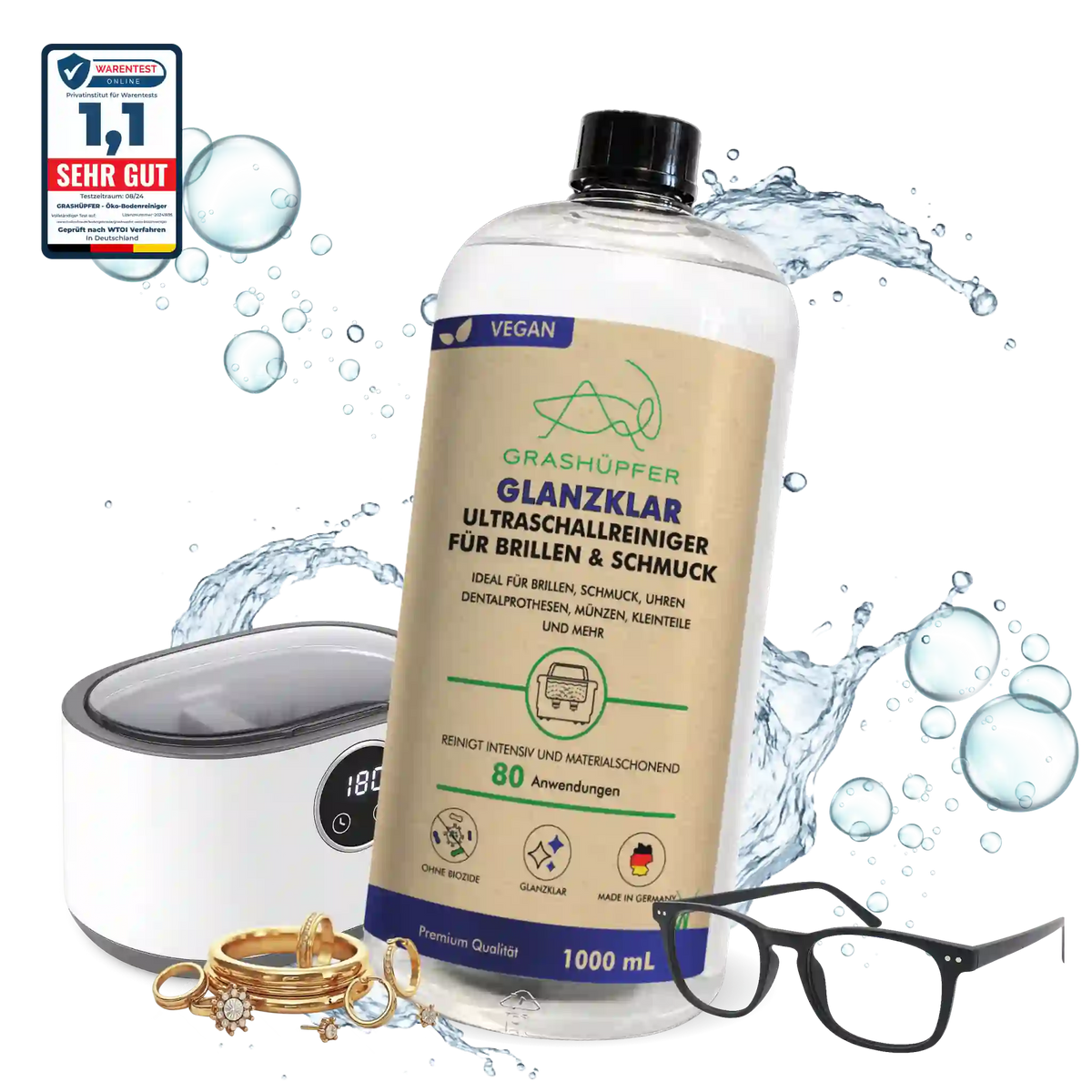 GRASHÜPFER Glanzklar Ultraschallreiniger 1000 ml mit Ultraschallreinigungsgerät, Brille und Schmuck für die Reinigung von Brillen, Schmuck und Kleinteilen.