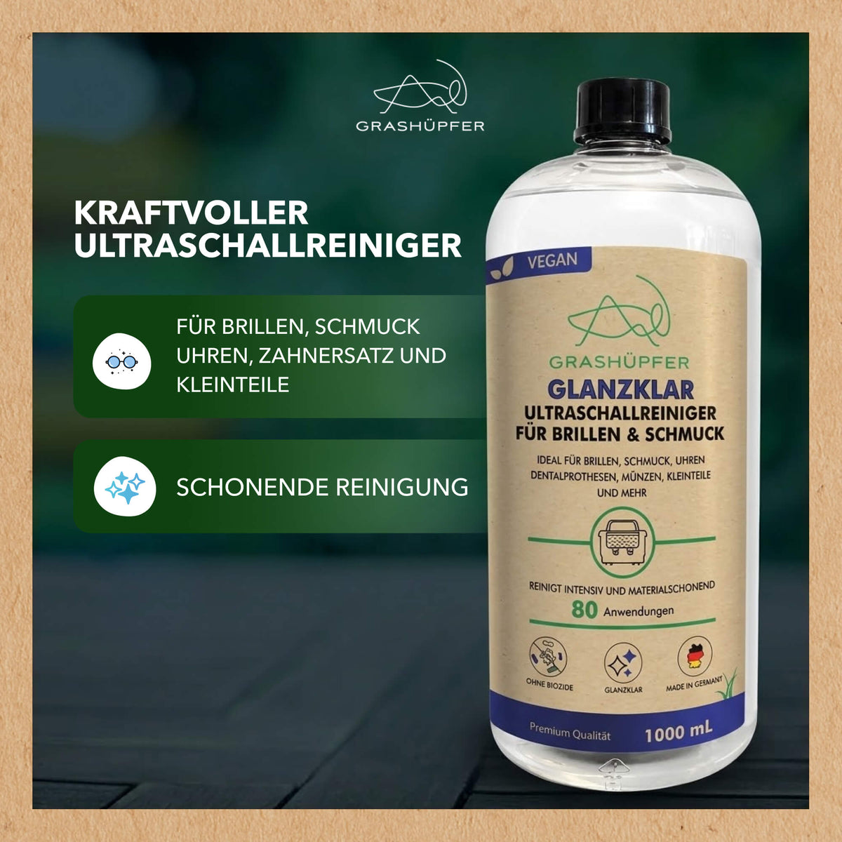 Grashüpfer Glanzklar Ultraschallreiniger für Brillen, Schmuck, Uhren, Zahnersatz und weitere Kleinteile mit Hinweis auf materialschonende Reinigung.