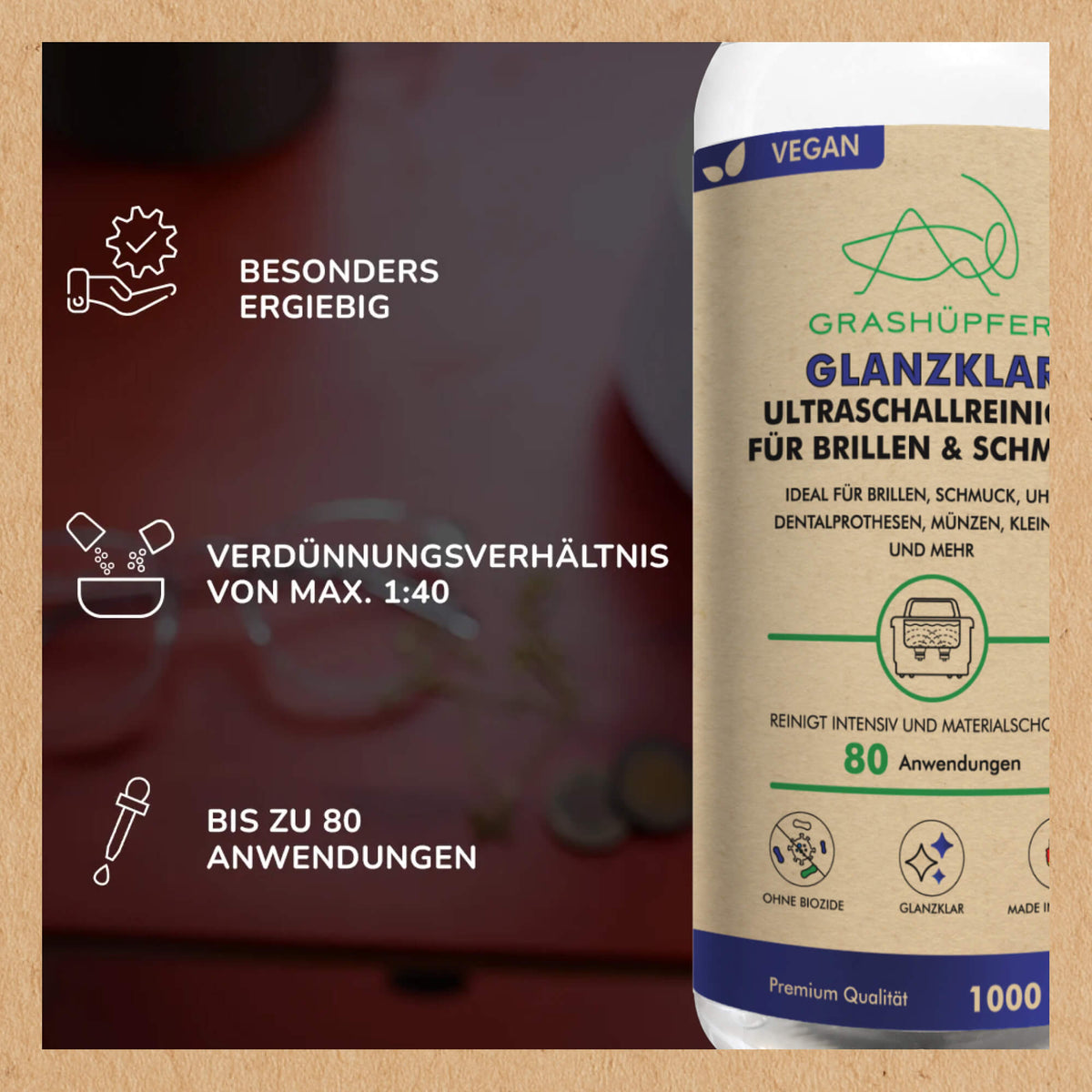Grashüpfer Glanzklar Ultraschallreiniger mit Darstellung zur Ergiebigkeit, einem Verdünnungsverhältnis bis 1:40 und bis zu 80 Anwendungen.