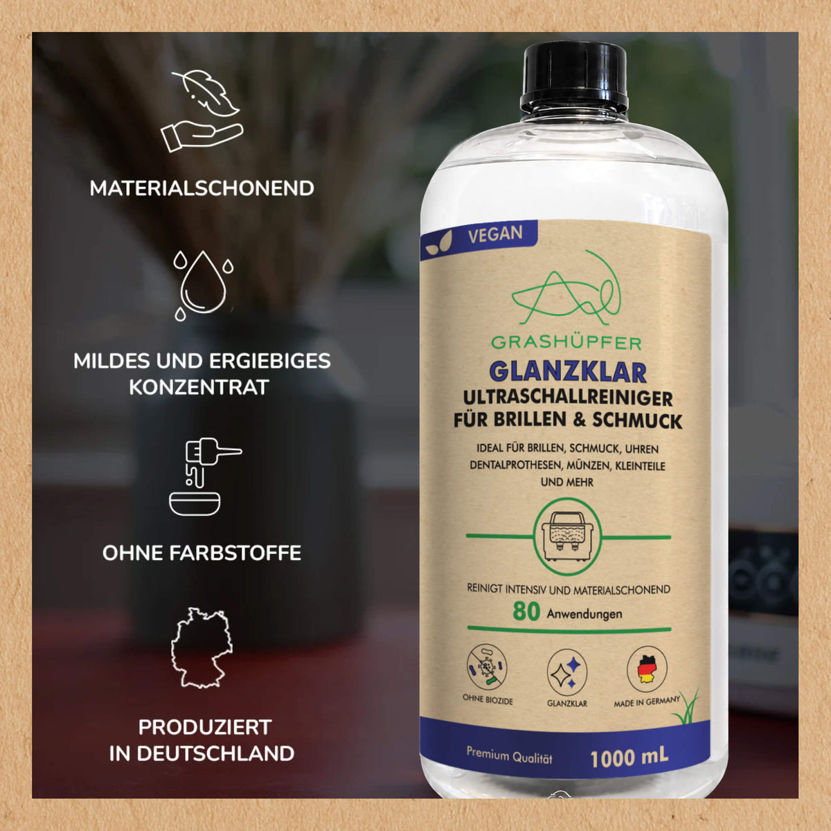 Grashüpfer Glanzklar Ultraschallreiniger als mildes Konzentrat mit Hinweisen auf materialschonende Anwendung, Verzicht auf Farbstoffe und Produktion in Deutschland.