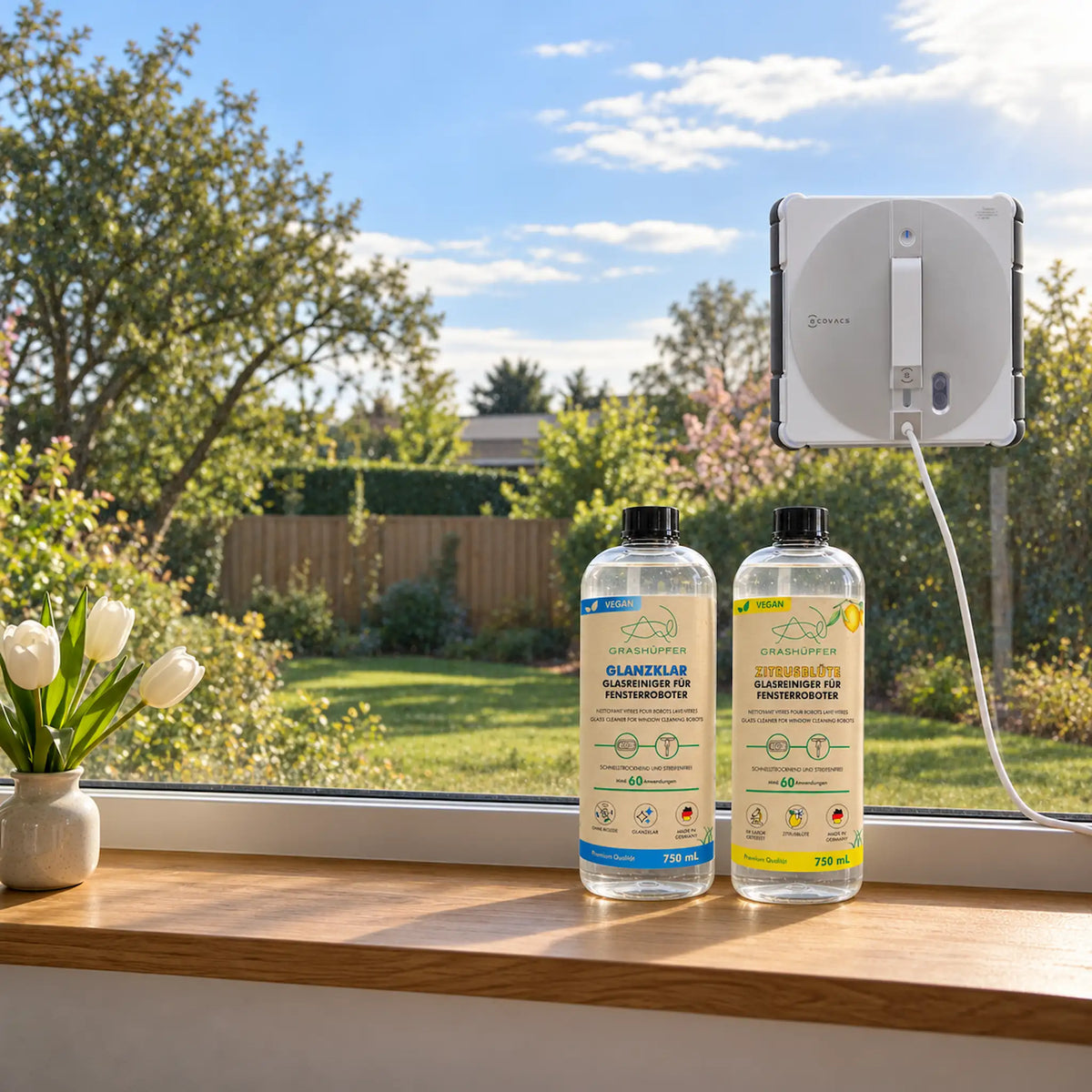 Grashüpfer Glasreiniger Glanzklar und Zitrusblüte auf der Fensterbank vor einer sauberen Scheibe mit Ecovacs Fensterputzroboter und Gartenblick.