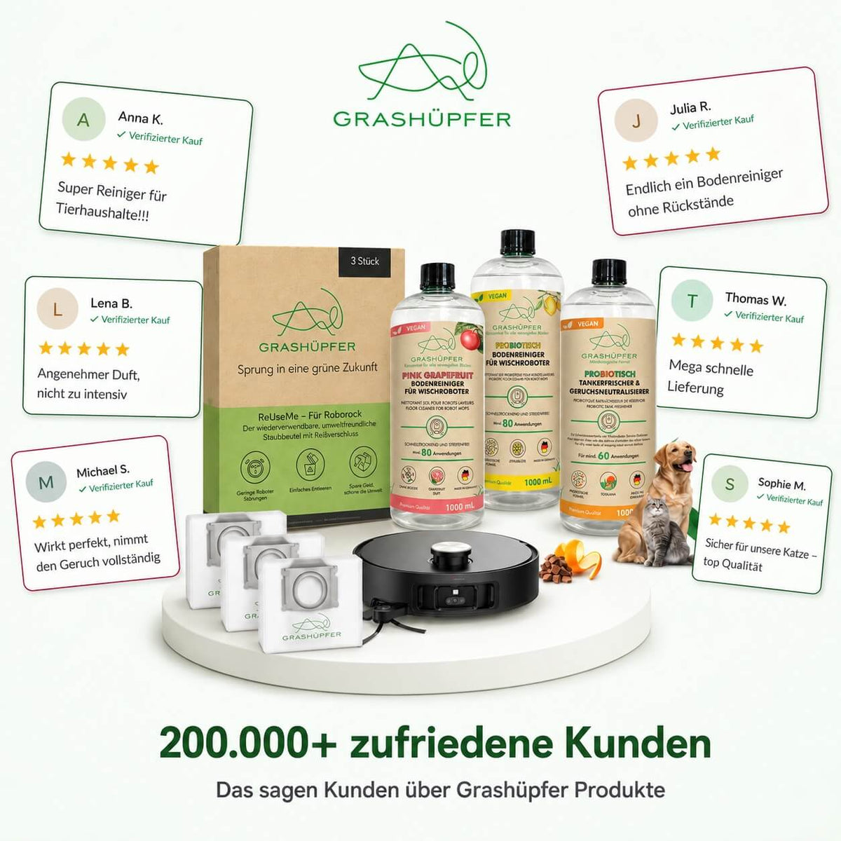 GRASHÜPFER Kundenbewertungen mit Roborock Set, Bodenreiniger, probiotischem Bodenreiniger, probiotischem Tankerfrischer und ReUseMe Staubbeuteln, über 200.000 zufriedene Kunden.
