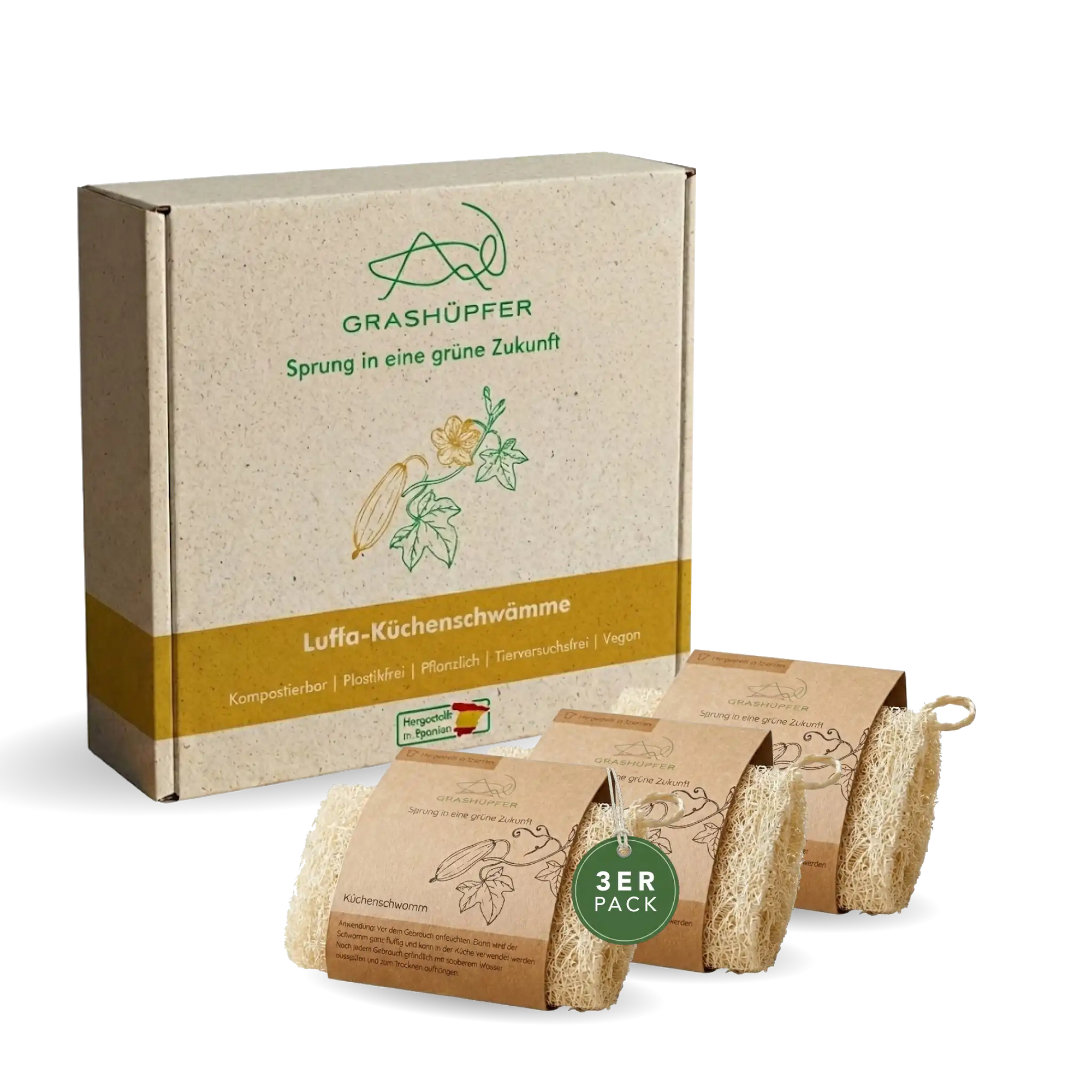 Der Luffa Küchenschwämme von Grashüpfer sind im 3er Pack zu sehen, vielseitig einsetzbar, plastikfrei