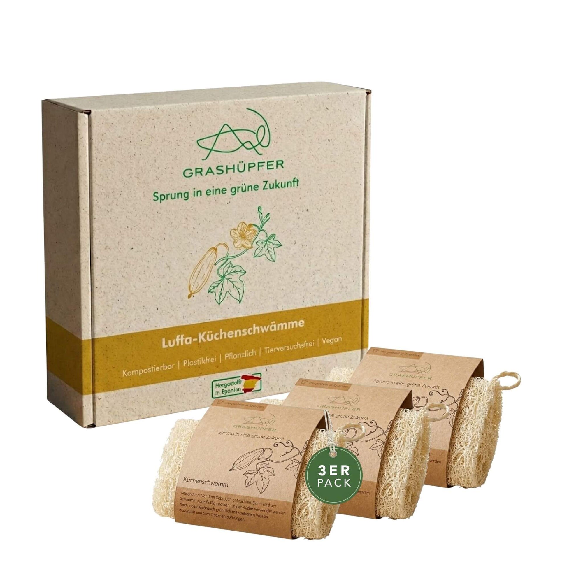 Der Luffa Schwamm von Grashüpfer ist zu sehen, welcher standardmäßig als 3er Set ausgeliefert wird.