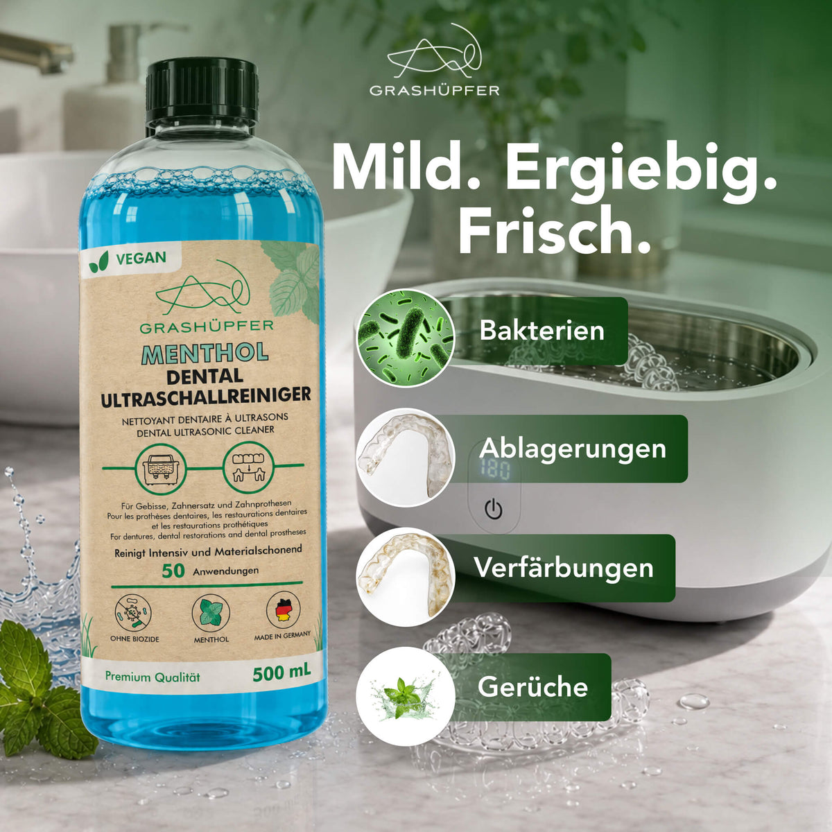 Grashüpfer Menthol Dental Ultraschallreiniger mit Ultraschallgerät und Zahnschienen sowie Hinweisen auf typische Rückstände, Verfärbungen und Gerüche bei Dentalprodukten.