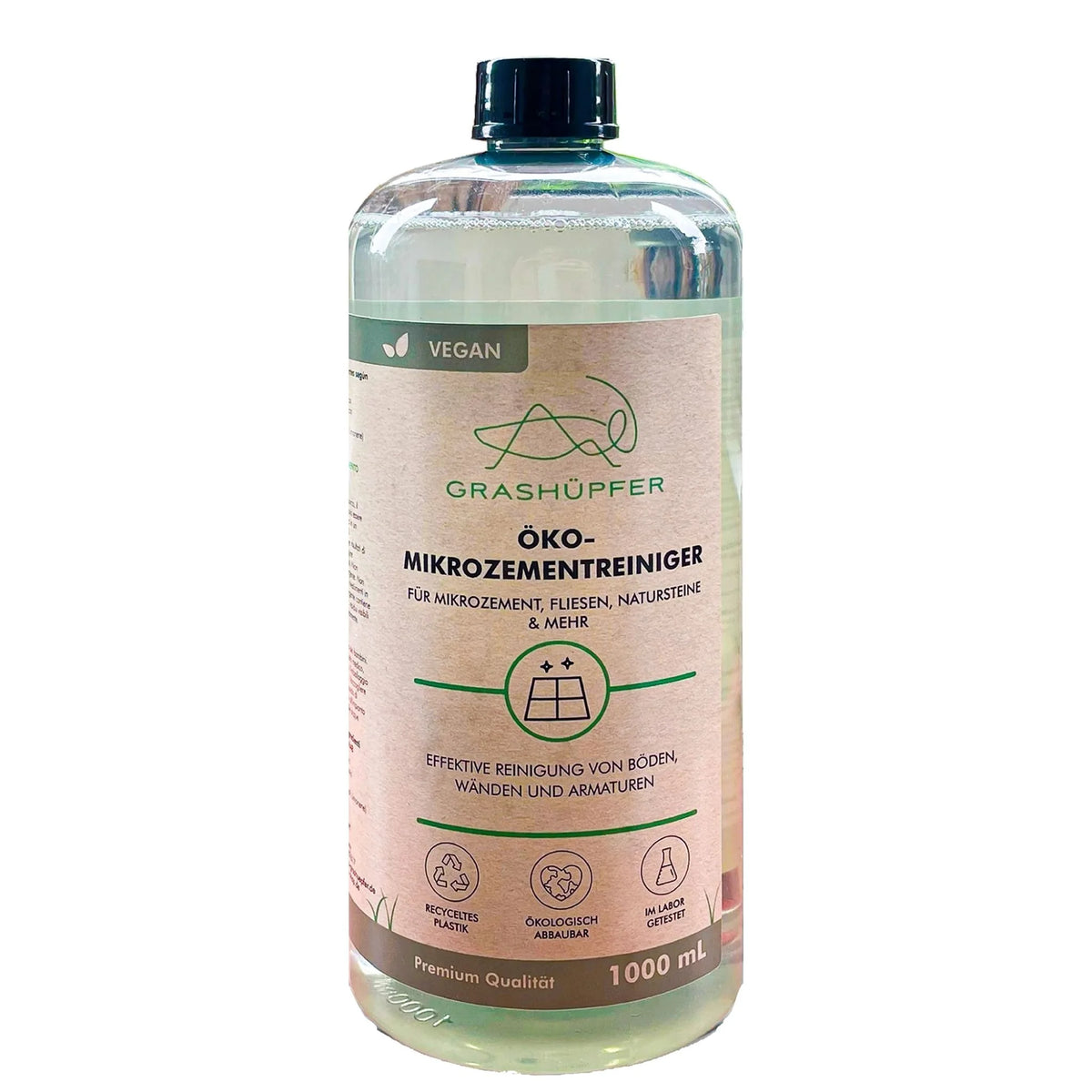 Grashüpfer Öko-Mikrozementreiniger für Mikrozement, Fliesen und Naturstein, Spezialreiniger für Böden, Wände und Armaturen.