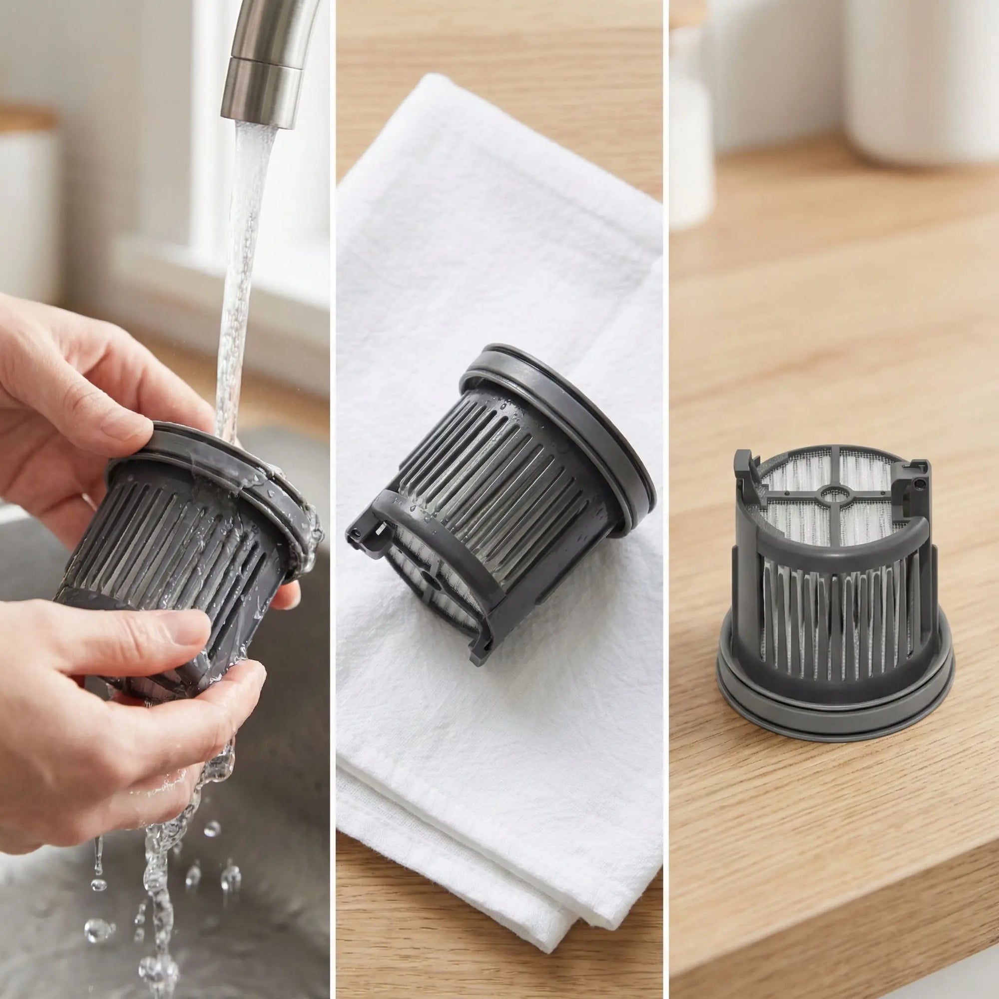 MOVA X4 HEPA-Ersatzfilter, einfache Reinigung durch Ausspülen mit Wasser und vollständiges Trocknen vor dem Wiedereinsetzen ist in drei aufgeteilten Bildern zu sehen.