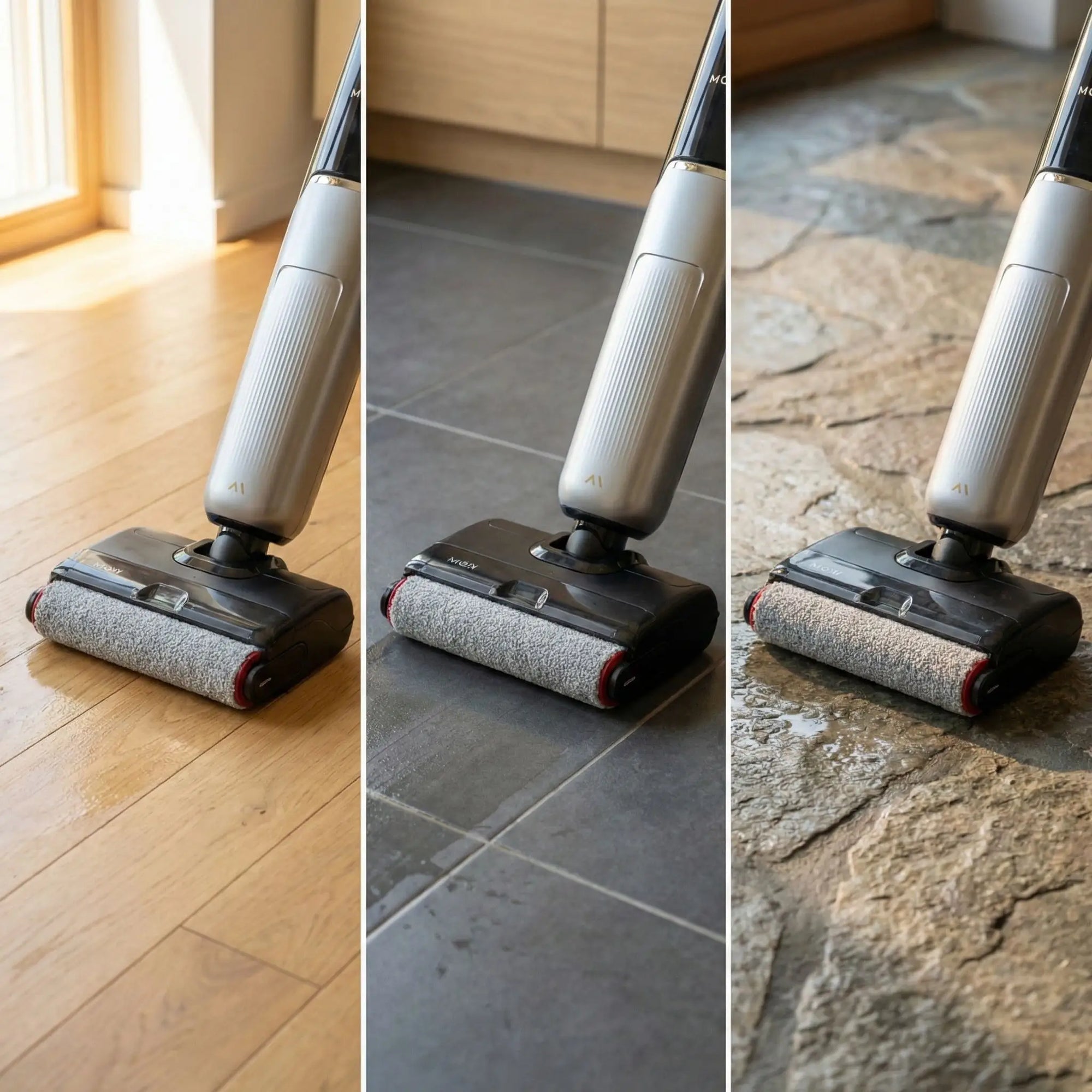 Walzenbürste für MOVA X4 Pro / X4 Plus im Einsatz auf verschiedenen Hartboden gleichmäßige Schmutzaufnahme und bodenschonende Reinigung auf allen dafür geeigneten Hartböden.