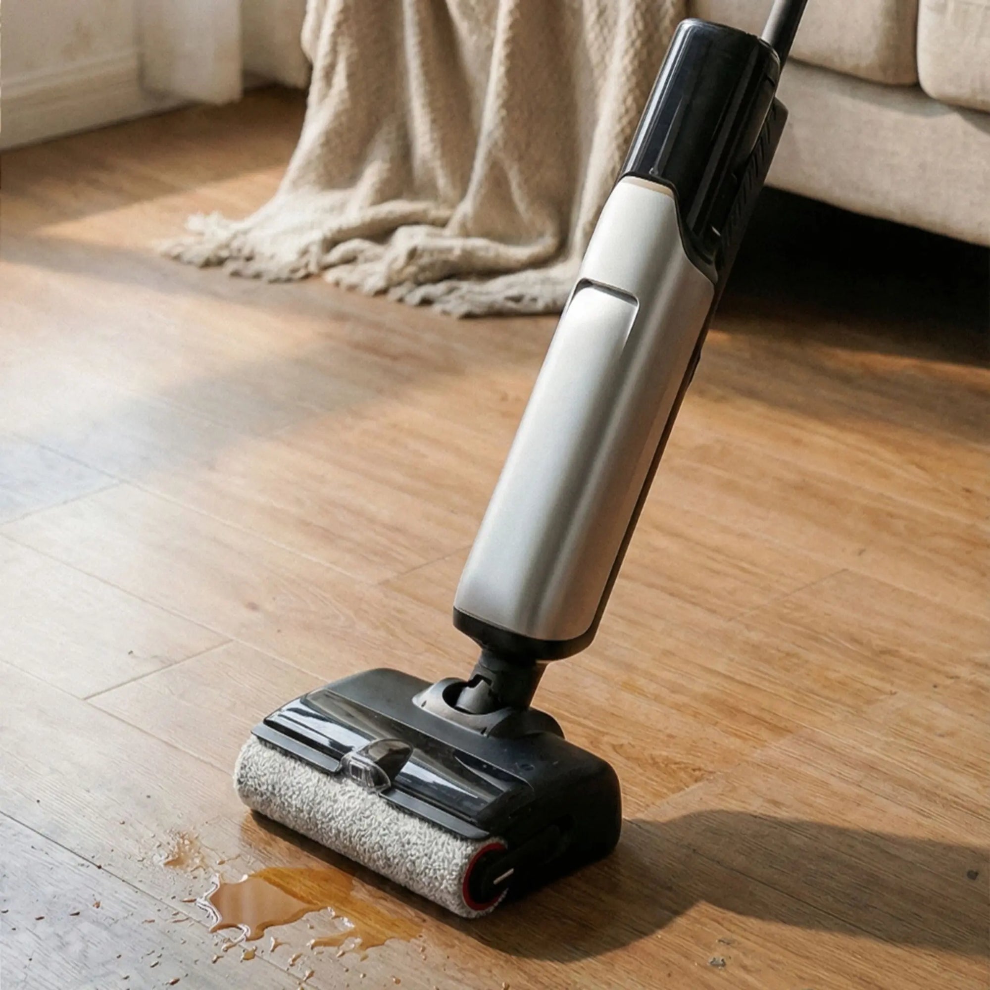 Walzenbürste für MOVA X4 Pro / X4 Plus, Rollenbürste für gleichmäßige Schmutzaufnahme beim Nass- und Trockensauger wird in Aktion beim Wischsaugen gezeigt.