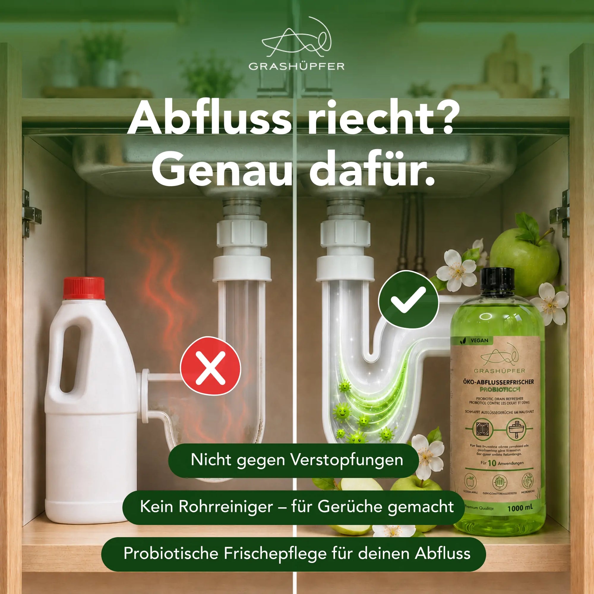 Grashüpfer Probiotischer Öko-Abflusserfrischer gegen unangenehme Abflussgerüche, nicht gegen Verstopfungen, mit Apfelduft für Haushaltsabflüsse.