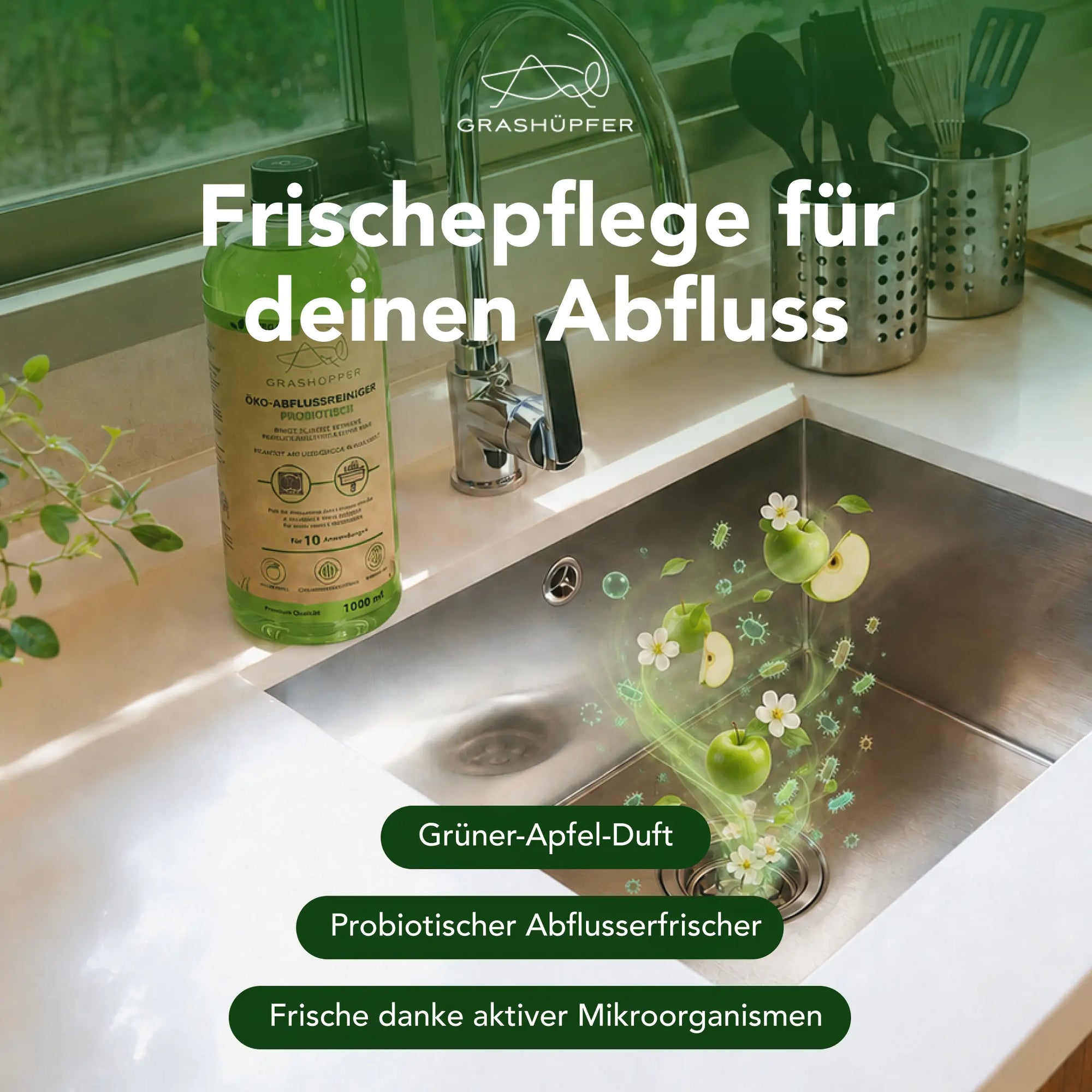 Grashüpfer Probiotischer Öko-Abflusserfrischer mit Grüner-Apfel-Duft und aktiven Mikroorganismen zur Frischepflege von Abflüssen.