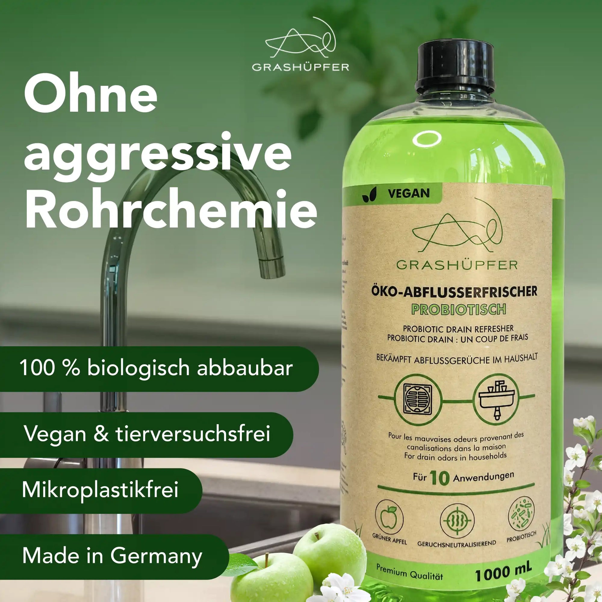 Grashüpfer Probiotischer Öko-Abflusserfrischer ohne aggressive Rohrchemie, 100 % biologisch abbaubar, vegan, mikroplastikfrei und Made in Germany.