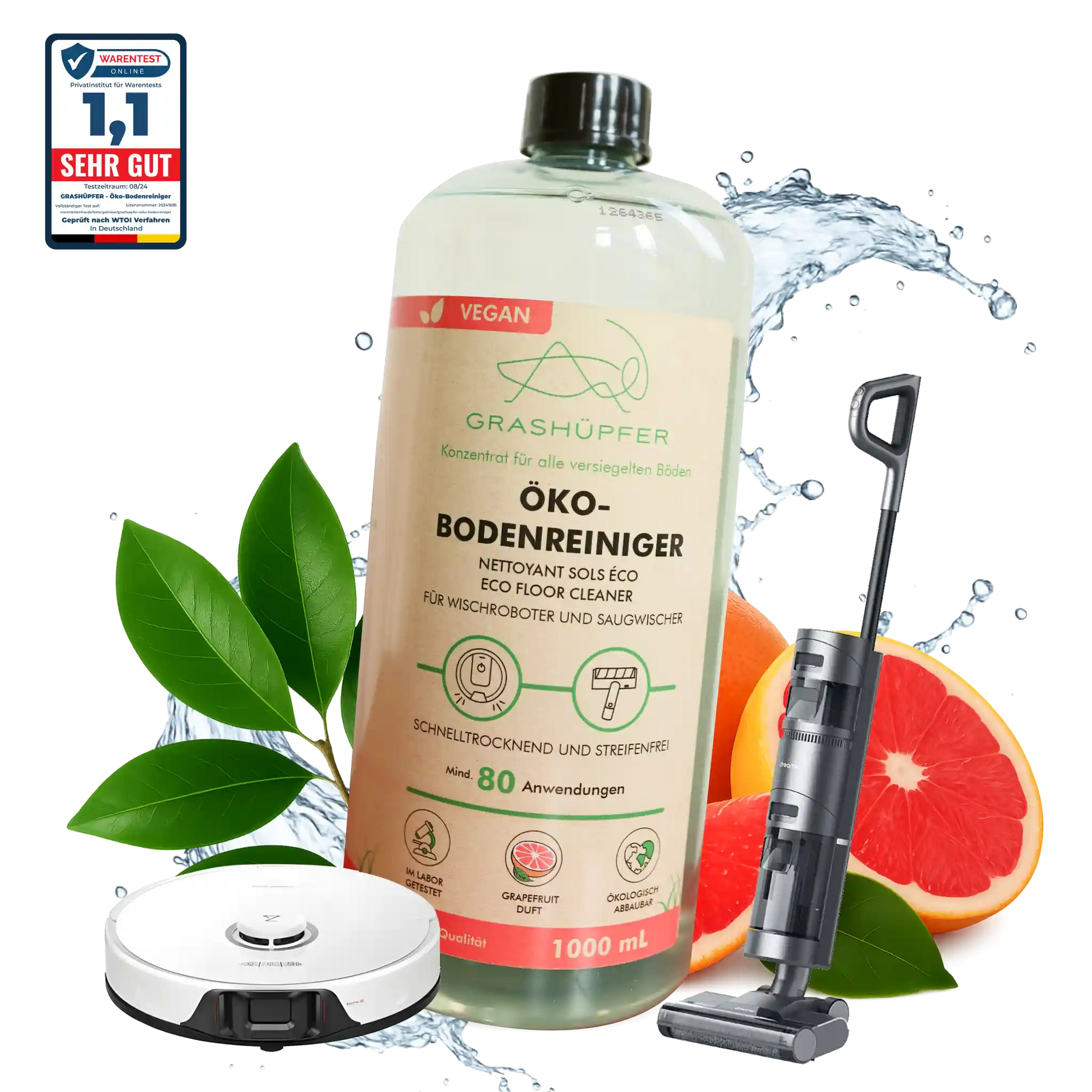 Der Grashüpfer Öko-Bodenreiniger steht in der Flasche, daneben liegt eine aufgeschnittene Pink-Grapefruit und es steht ein Wischroboter und Akkusaugwischer davor