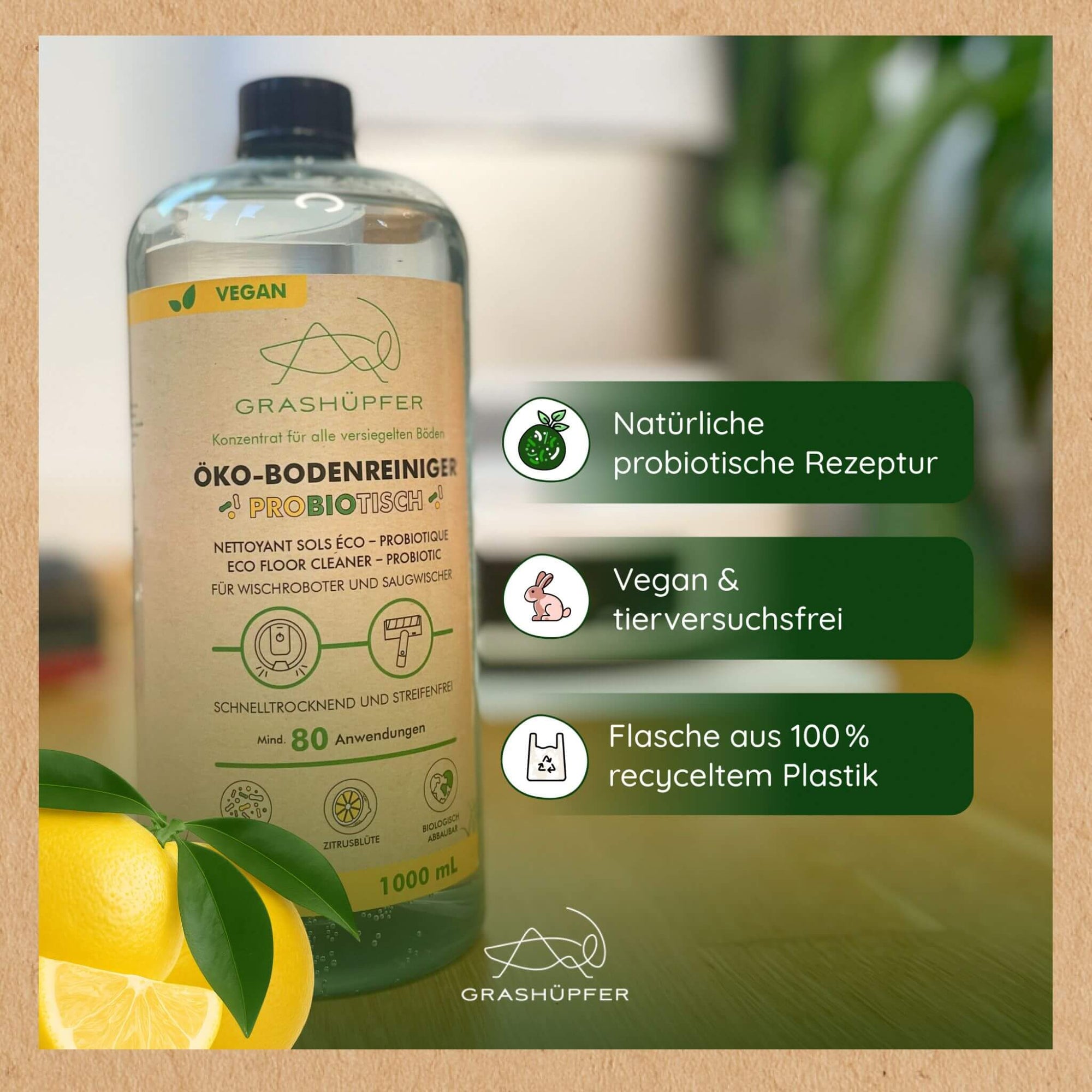 Vorteile vom probiotischen Öko-Bodenreiniger von Grashüpfer, wie natürliche probiotische Rezeptur, vegan & tierversuchsfrei, Flasche aus 100% recyceltem Plastik.