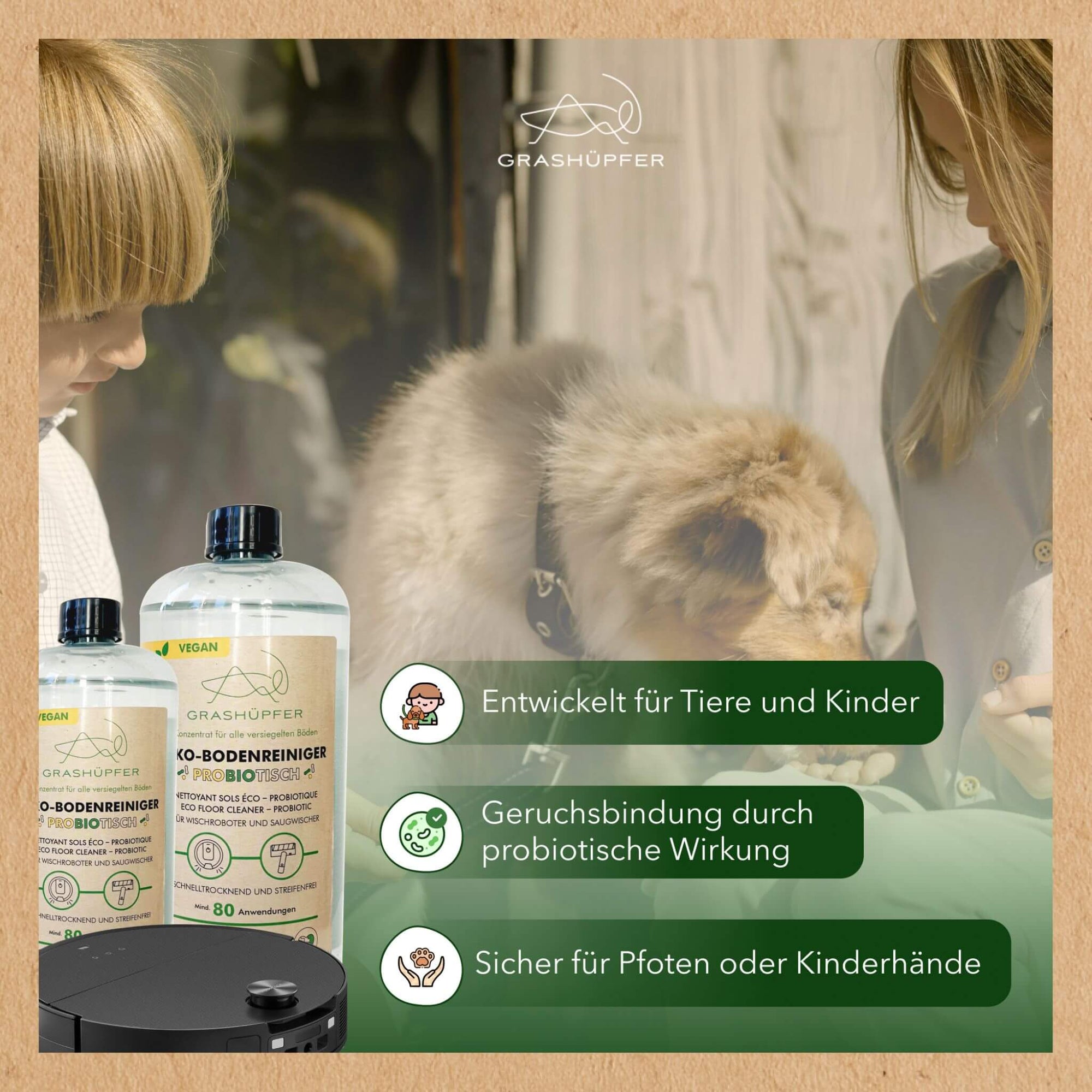 Der Grashüpfer probiotischer öko-BOdenreiniger ist für Kinder und Familienhaushalte entwickelt, zersetzt gerüche durch probiotische WIrkung, auf dem Bild ist eine Familie mit Hund zu sehen.