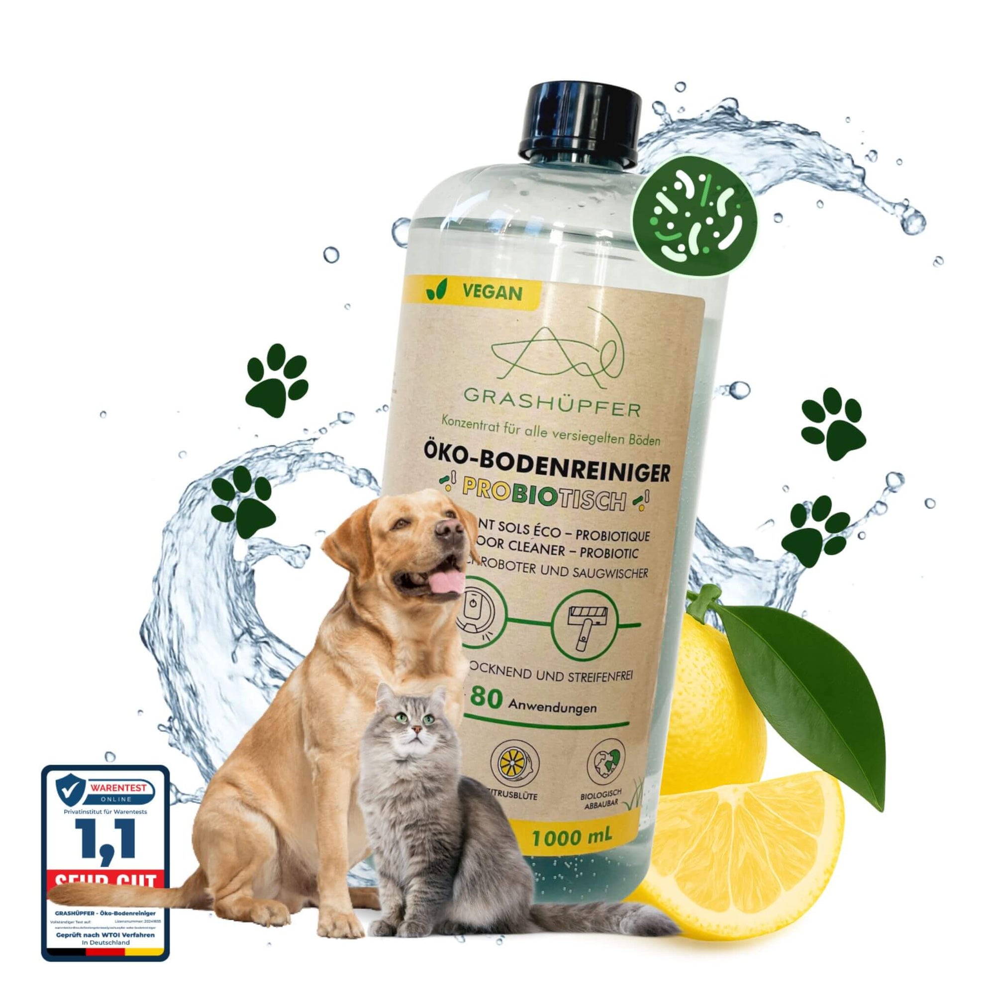 Der Grashüpfer Öko-Bodenreiniger mit probiotischer Formel, mit Zitrusblüte-Duft ist neutralisiert Gerüche von Haustieren langanhaltend.