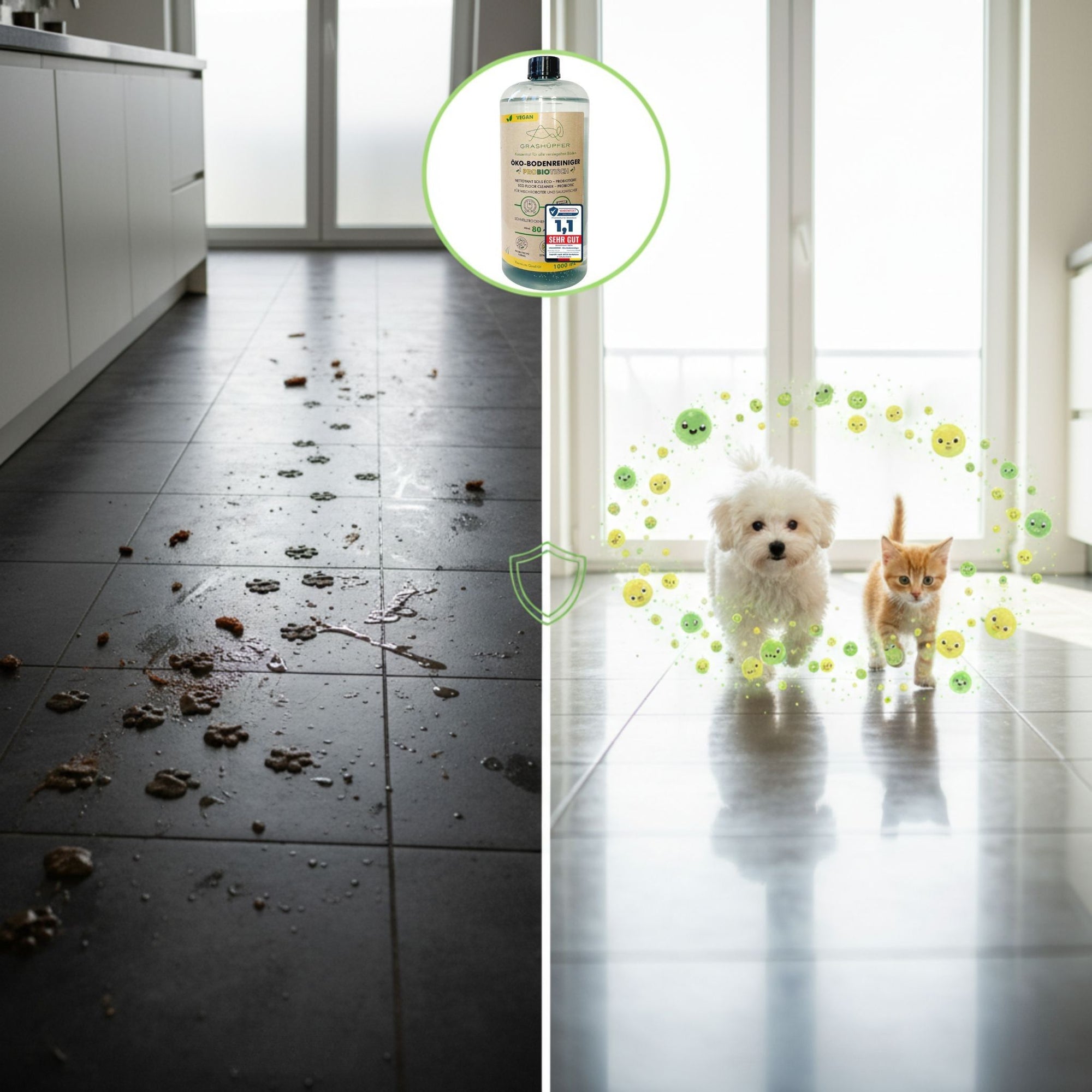Babykatze und Hund laufen über den frisch gewischten Boden – der probiotische Öko-Bodenreiniger entfernt Pfotenabdrücke und ist sicher für Tiere.