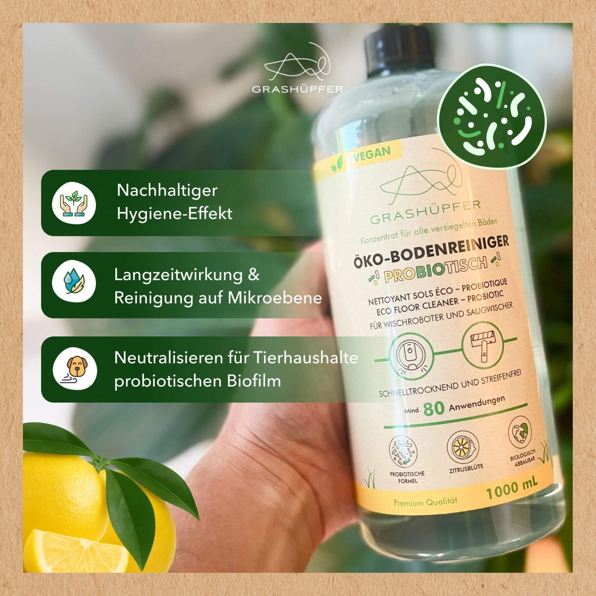 Die USP vom probiotischen Öko-Bodenreiniger sind neben der Flasche abgebildet wie ein nachhaltiger Hygieneeffekt, Langzeitwirkung und Reinigung auf Mikroebene.