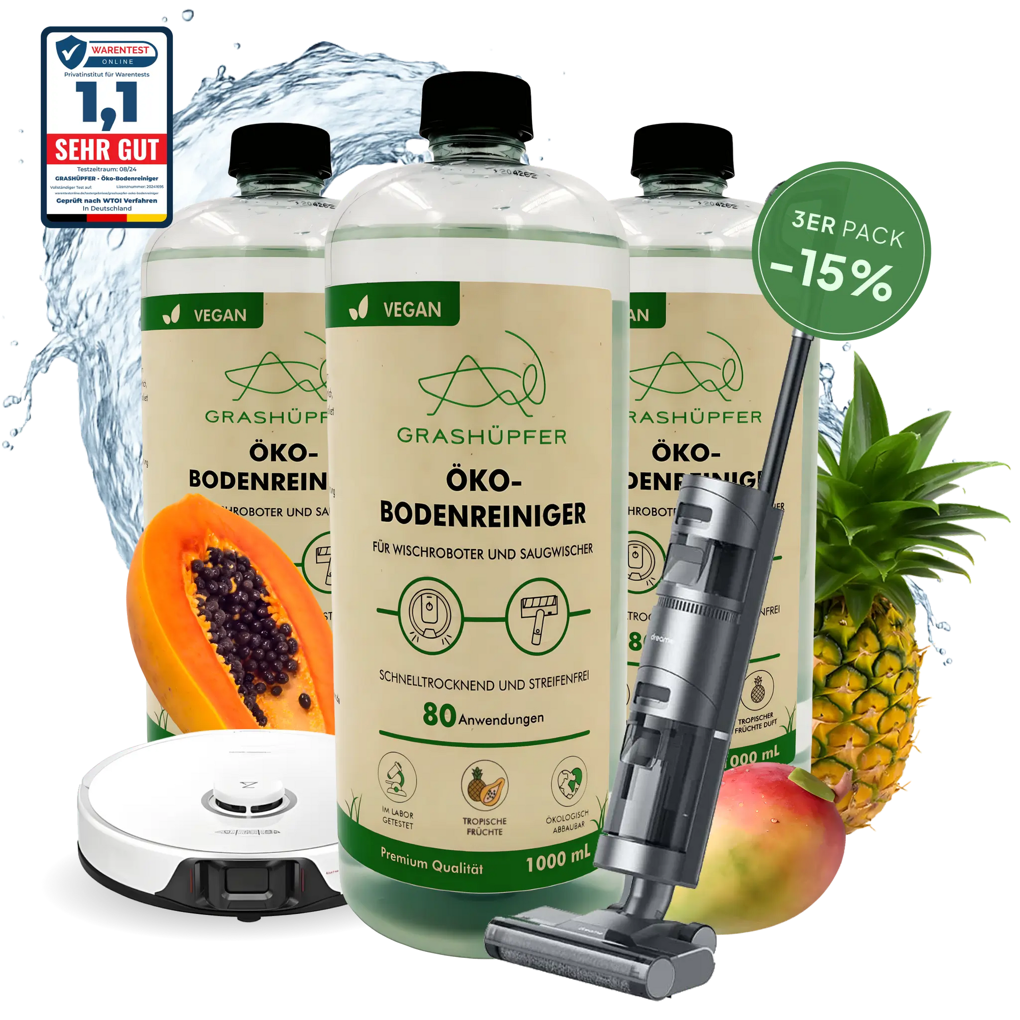 Der Öko-Bodenreiniger von Grashüpfer in tropioschem Duft, ist mit der Note 1,1 - SEHR GUT ausgezeichnet und ist im 3er-Pack erhältlich, mit einem 15% Rabatt-Schild.