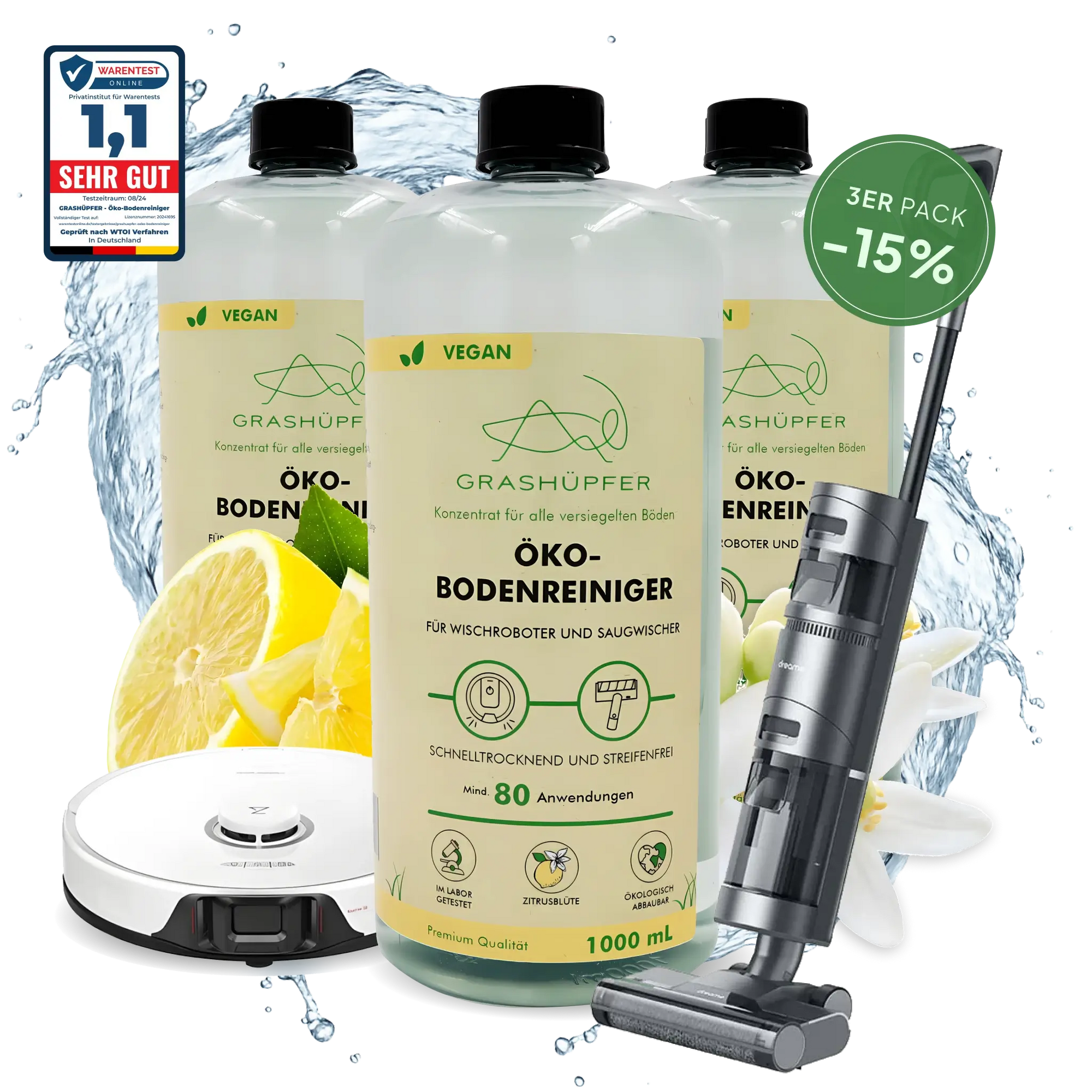 Der Grashüpfer Öko-Bodenreiniger für Wischroboter und Akkuwischsauger, mit Zitrusblüte-Duft ist im 3er-Pack zu sehen und im Angebot (- 15%) und ausgezeichnet von Warentest Online mit der Note 1,1 (Sehr gut).