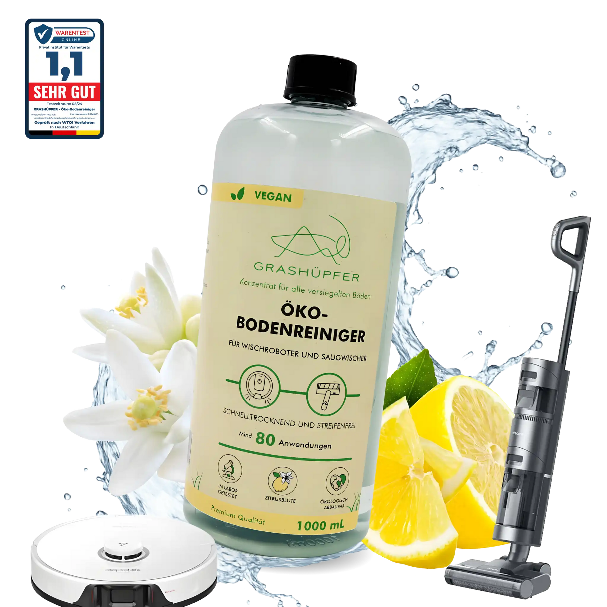 Der Grashüpfer Öko-Bodenreiniger mit Zitrusblüten-Duft steht in der Flasche vor der Zitrusblüte und neben einem Wischroboter und Akkuwischsauger
