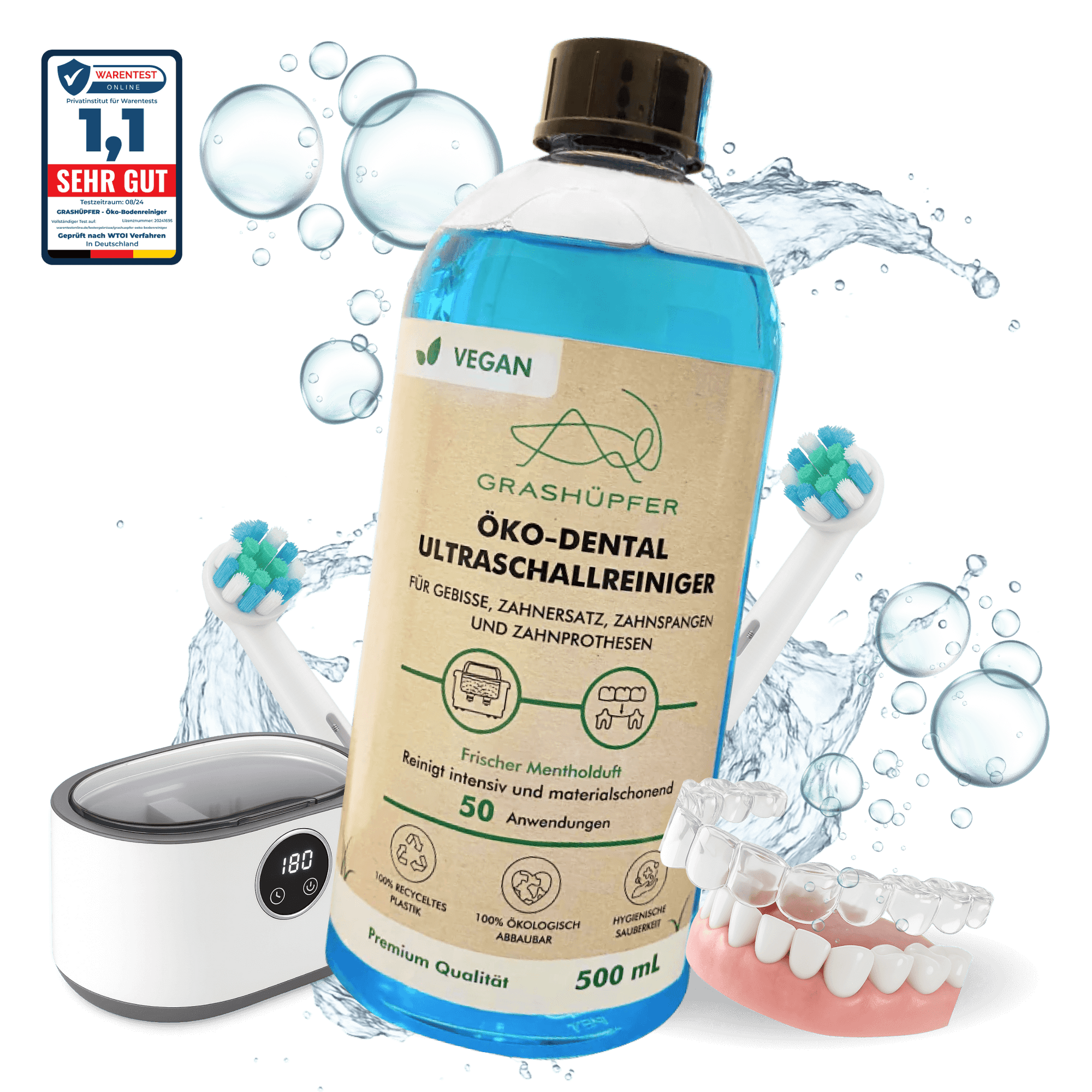 Der Öko-Dental Ultraschallreiniger von Grashüpfer ist in der Einzelaufnahme zu sehen und daneben ist eine Warentest Online Bewertung mit der Note 1,1 - SEHR GUT, neben der Flasche ist ein Ultraschallreinigungs-Gerät und Zahnbürsten sowie Zahnschienen, für die der Reiniger perfekt gemacht ist. 