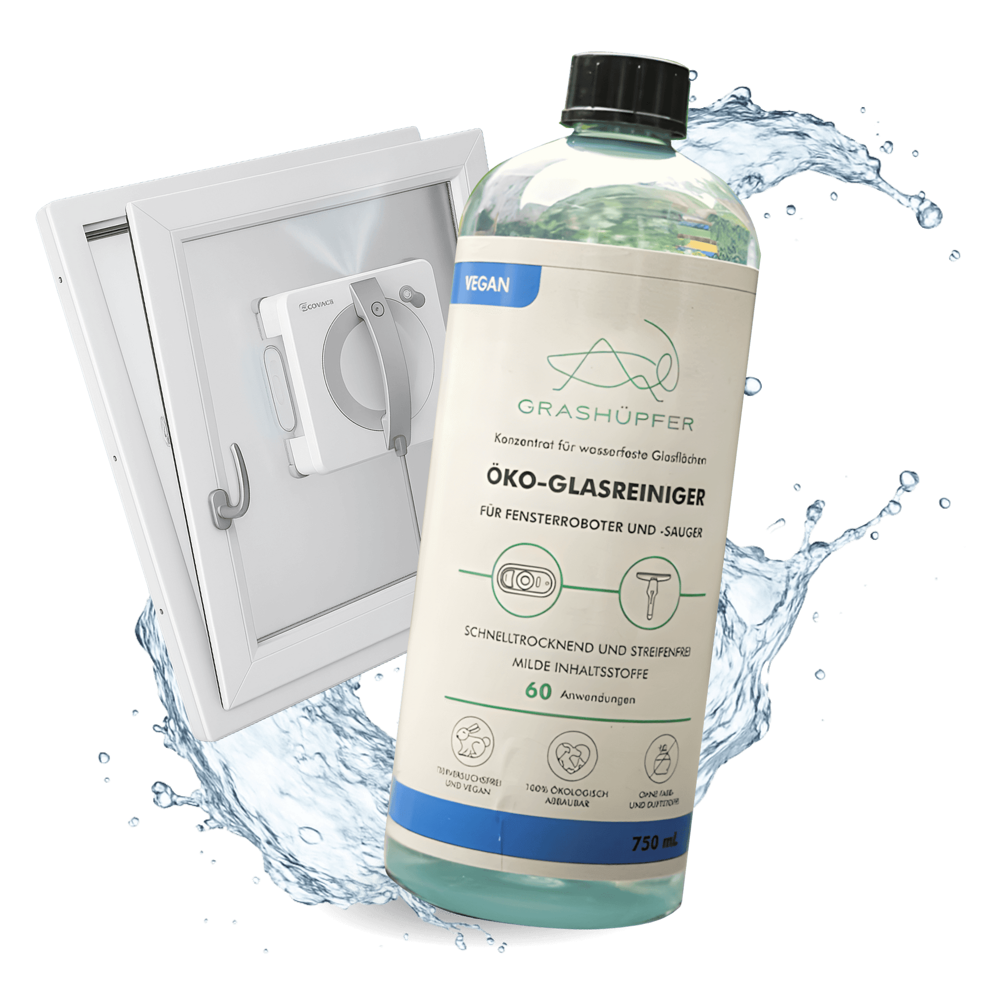 Der Öko-Glasreiniger von Grashüpfer ist in der Flasche in der Nahaufnahme abgebildet. Dahinter ein sauberes Fenster mit einem Fensterputzroboter, mit dem der Reiniger perfekt kompatibel ist. 