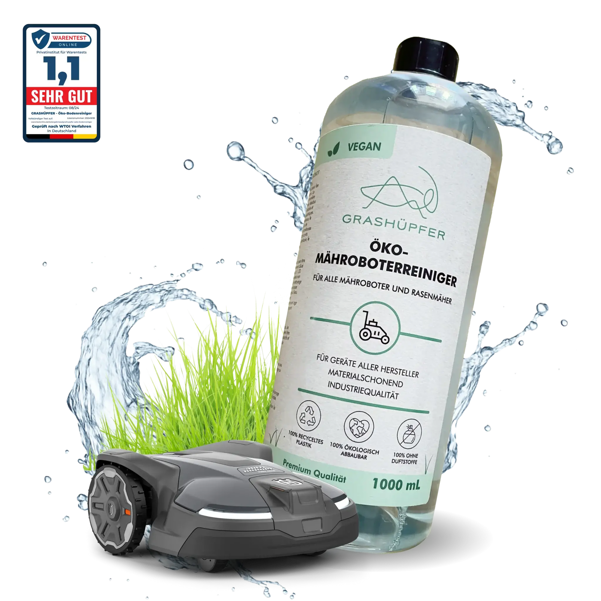 Der Öko-Mähroboterreiniger von Grashüpfer ist in der Flasche einzeln in der Nahaufnahme zu sehen, daneben ist ein frisch ökologisch gereinigter Mähroboter und Wiese zu sehen, sowie ein Label mit 1,1 (SEHR GUT) von Warentest Online.