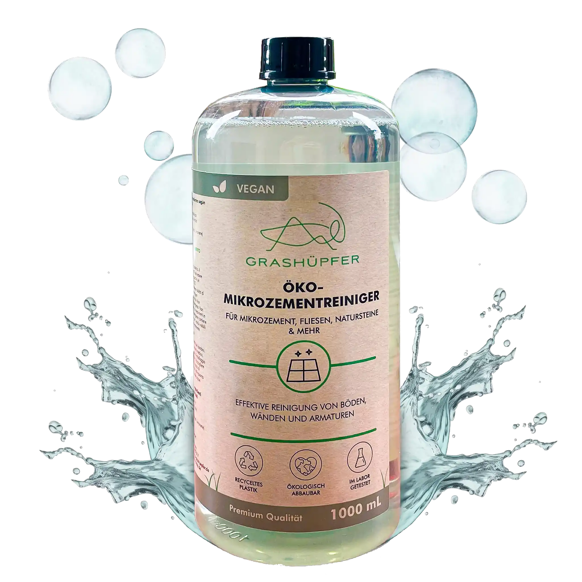 Der Öko-Mikrozementreiniger von Grashüpfer ist in der Flasche, einzeln in der Nahaufnahme zu sehen