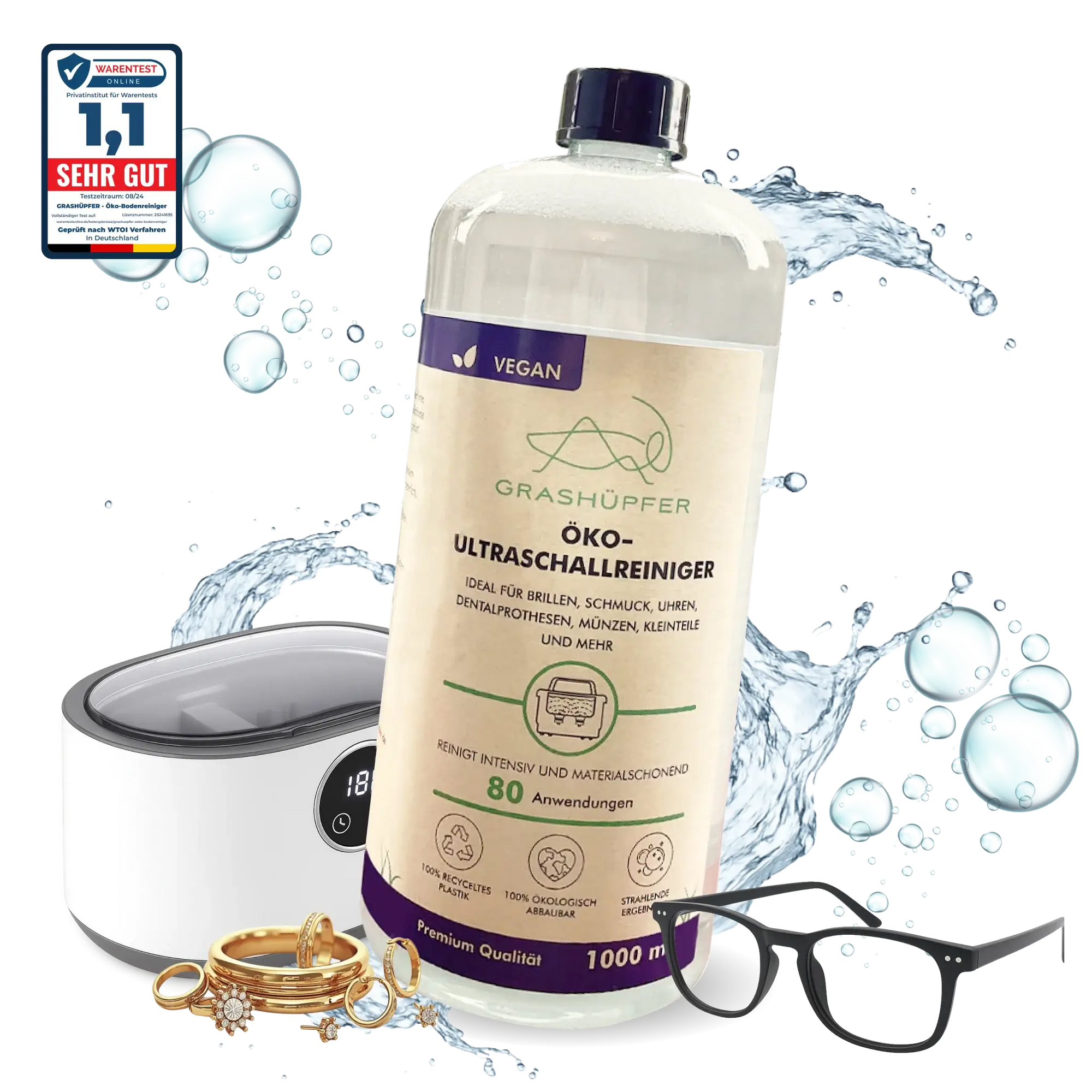 Der Öko-Ultraschallreiniger von Grashüpfer ist in der Flasche, einzeln in der Nahaufnahme zu sehen, daneben ist eine Ultraschallrteinigungswanne und frisch gereinigte Brille und Schmuck.