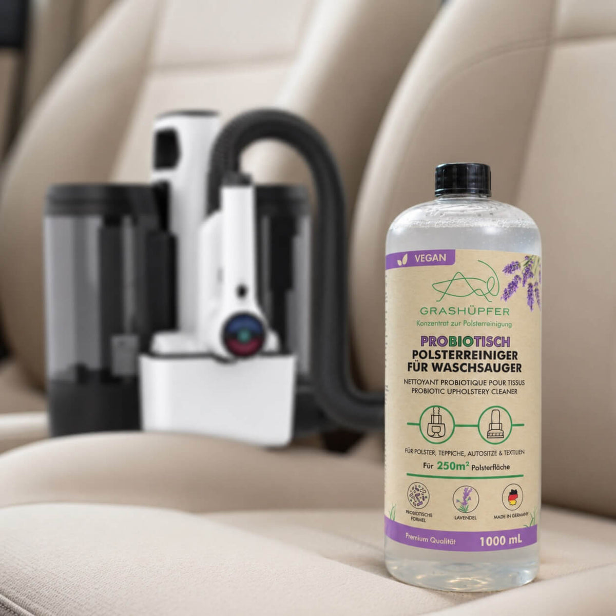 GRASHÜPFER probiotischer Polsterreiniger Lavendel für die Reinigung von Autositzen und Polstern mit Waschsauger.