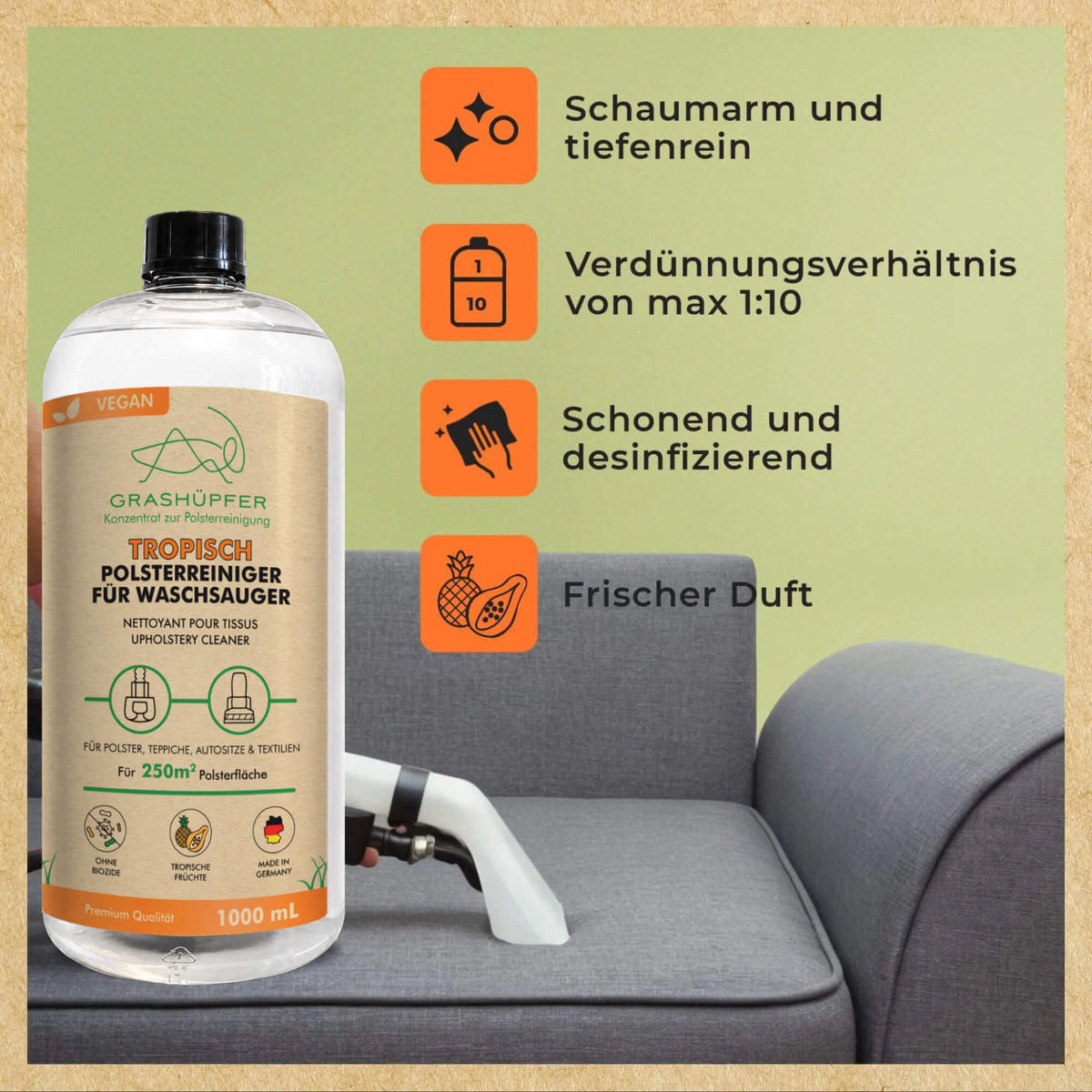 Grashüpfer Polsterreiniger für Waschsauger vor einem Sofa mit Reinigungssauger; Creative zeigt die schaumarme Anwendung und ein Verdünnungsverhältnis von bis zu 1:10.