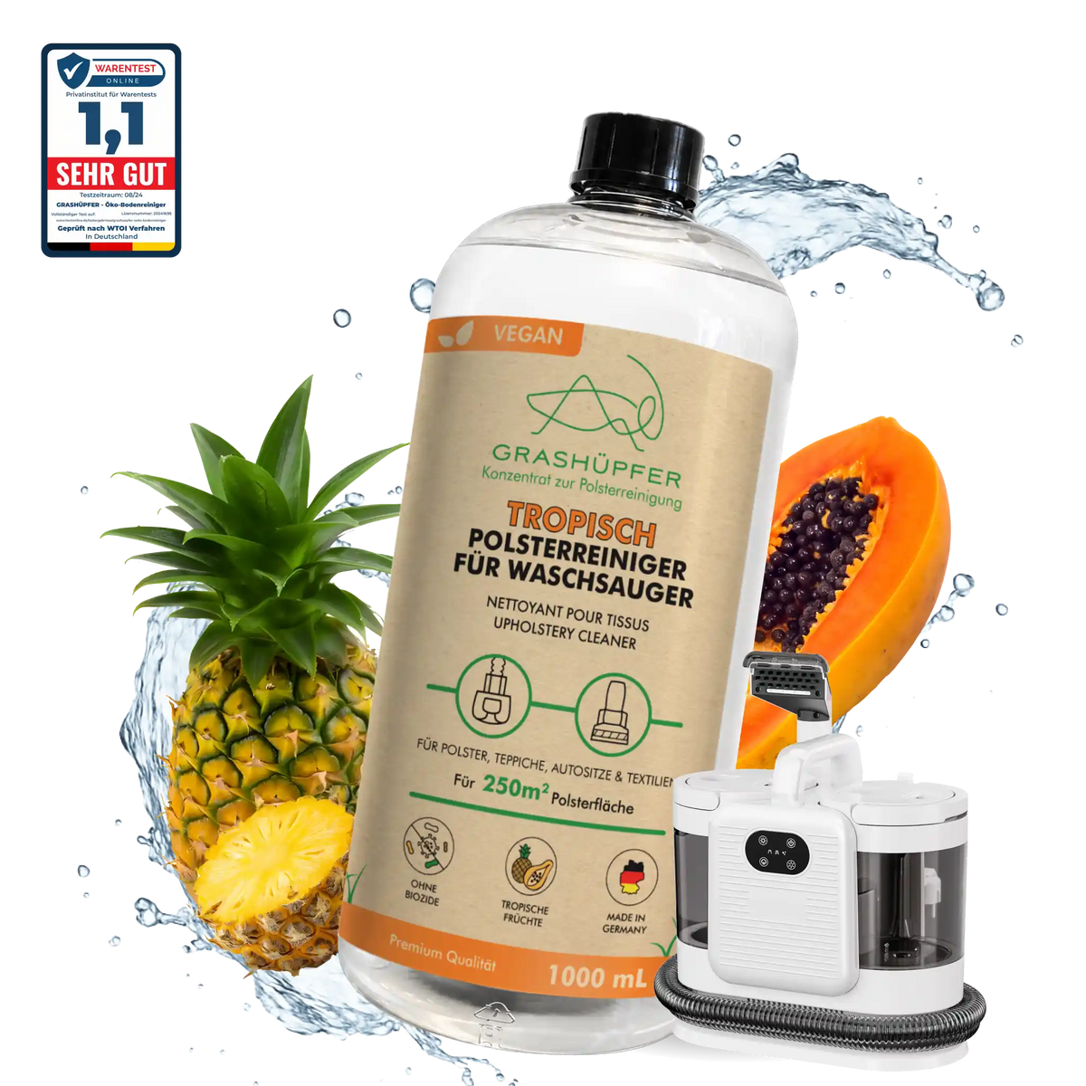 GRASHÜPFER Polsterreiniger Tropisch für Waschsauger mit Ananas, Papaya und Polsterreinigungsgerät.