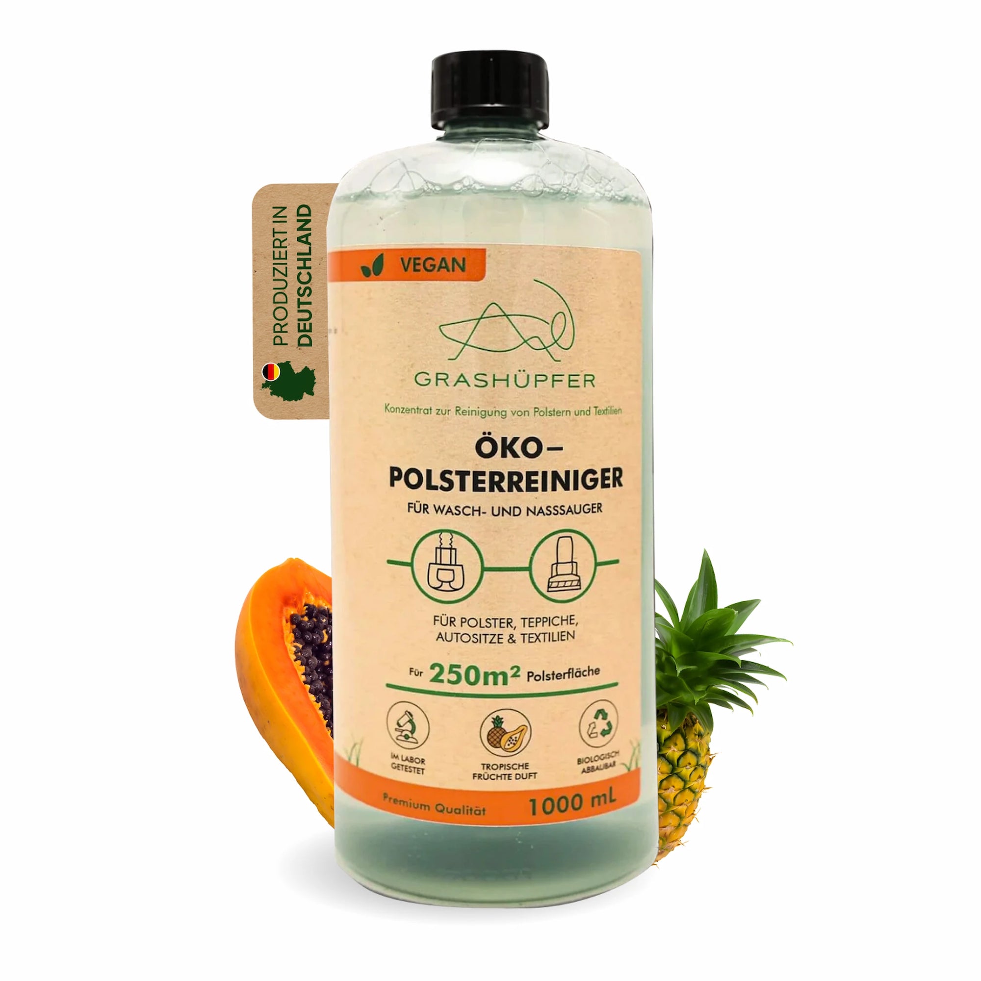 Grashüpfer Öko-Polsterreiniger Tropische Früchte für Wasch- und Nassauger, Reinigungskonzentrat für Polster, Teppiche, Autositze und Textilien, Made in Germany.