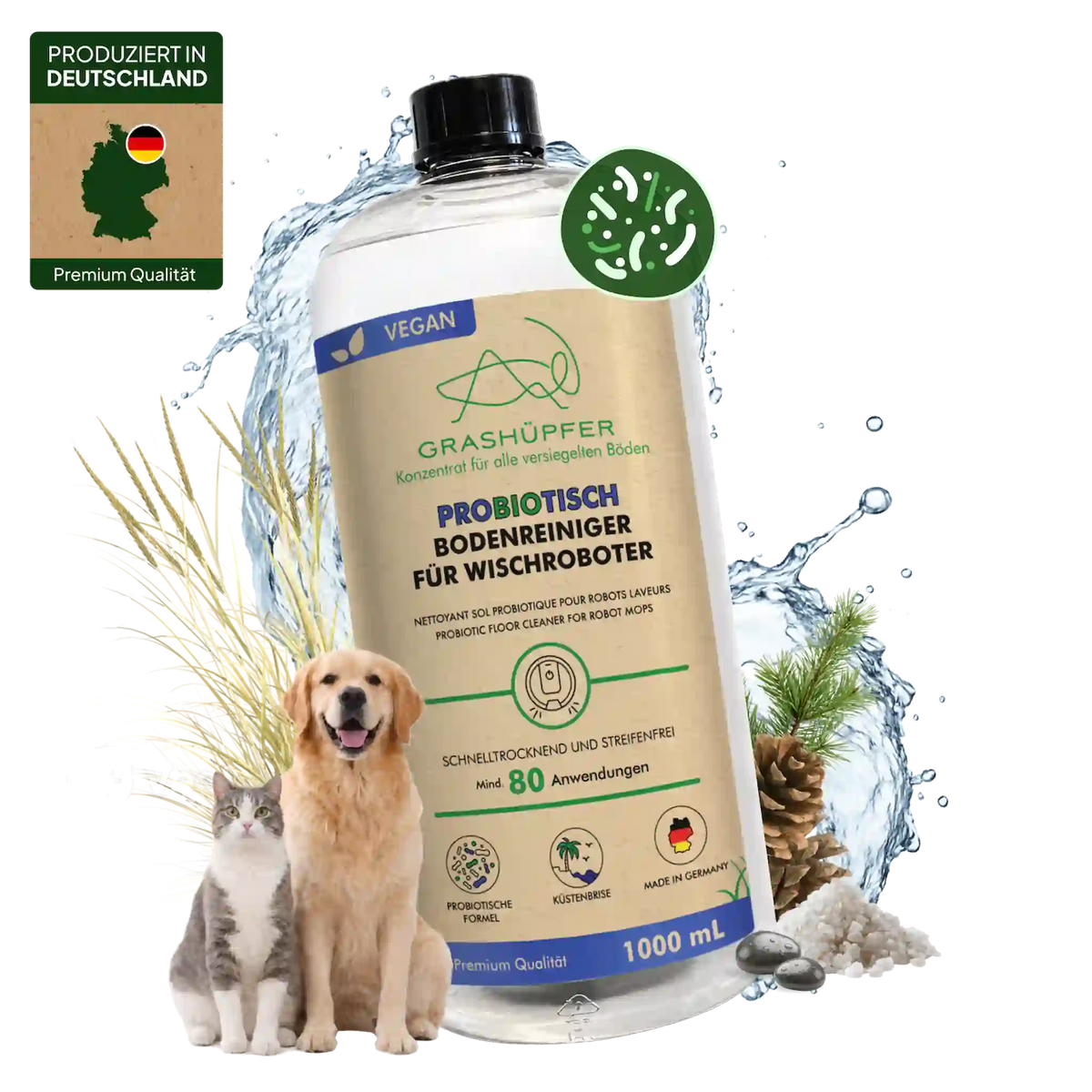 GRASHÜPFER probiotischer Bodenreiniger für Wischroboter Küstenbrise mit Hund und Katze, 1000 ml, vegan und Made in Germany.