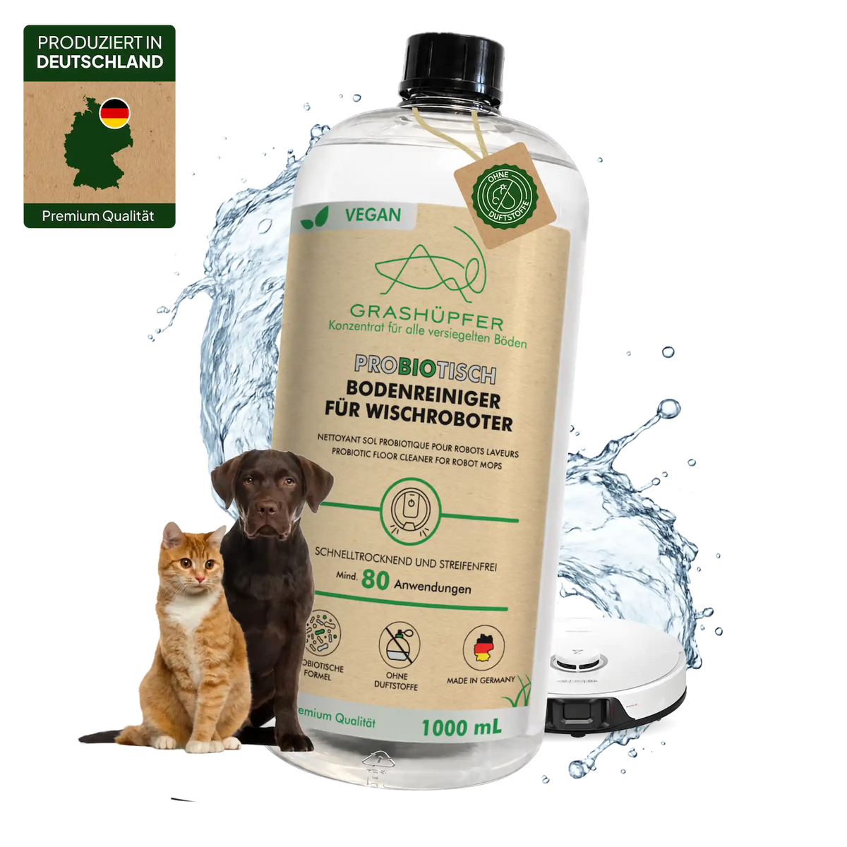 GRASHÜPFER probiotischer Bodenreiniger für Wischroboter ohne Duftstoffe mit Hund, Katze und Saug-Wischroboter.