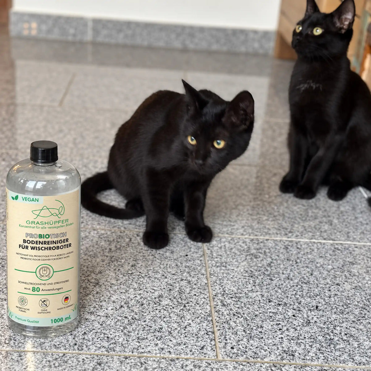 GRASHÜPFER probiotischer Bodenreiniger für Wischroboter ohne Duftstoffe neben zwei Katzen auf einem gefliesten Boden.