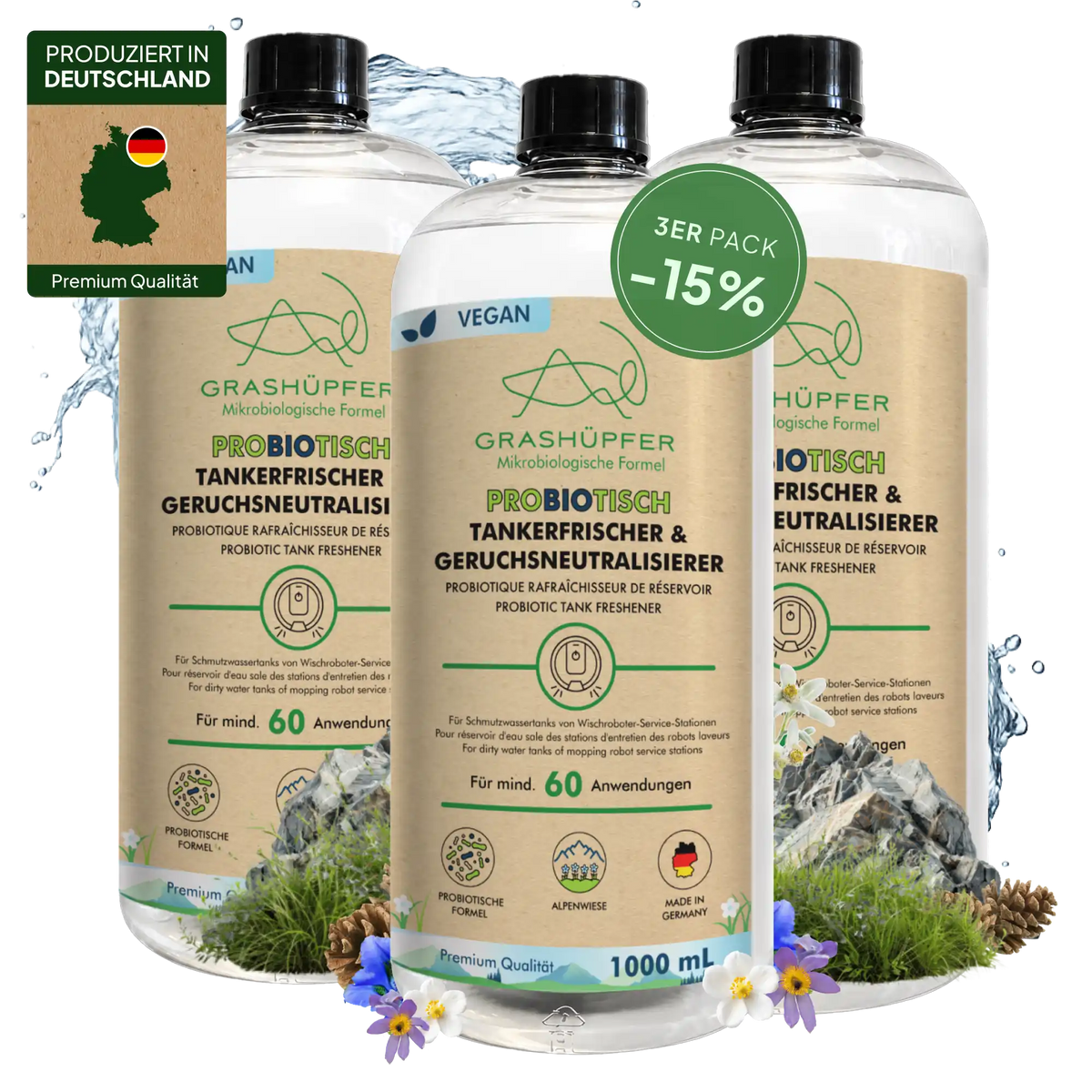 GRASHÜPFER probiotischer Tankerfrischer und Geruchsneutralisierer Alpenwiese im 3er-Set mit 15 % Rabatt.