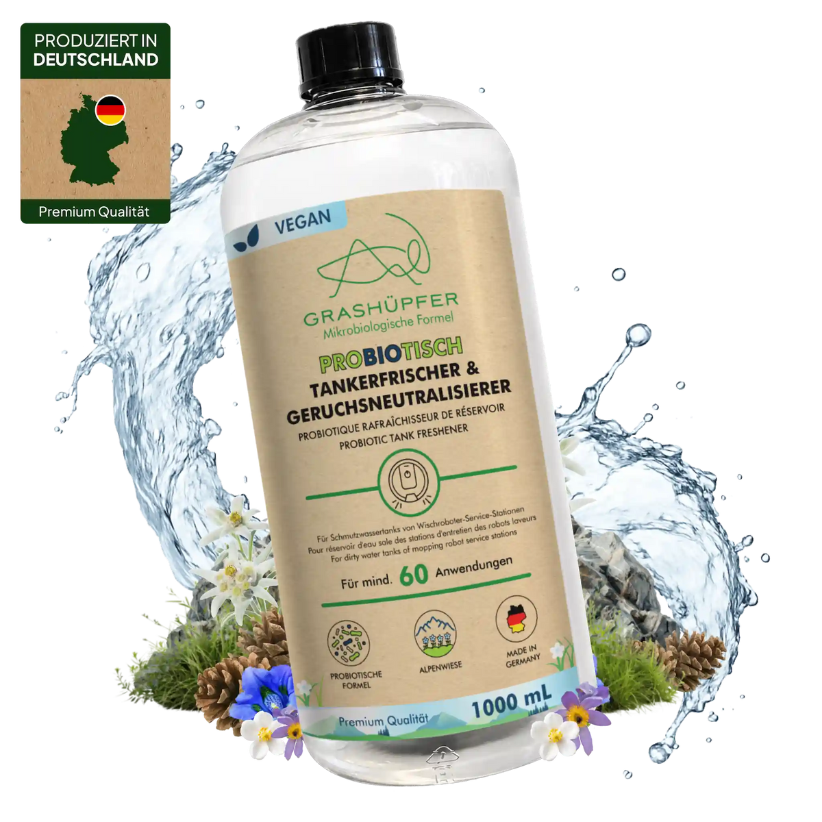 GRASHÜPFER probiotischer Tankerfrischer und Geruchsneutralisierer Alpenwiese für Schmutzwassertanks von Wischrobotern.