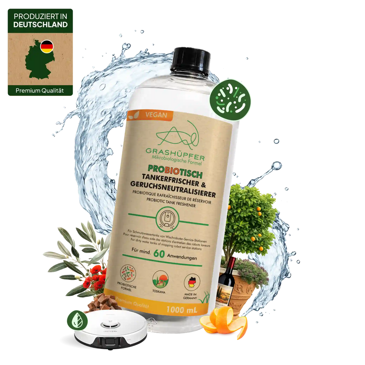 GRASHÜPFER probiotischer Tankerfrischer und Geruchsneutralisierer Toskana mit Wischroboter und mediterranem Motiv.